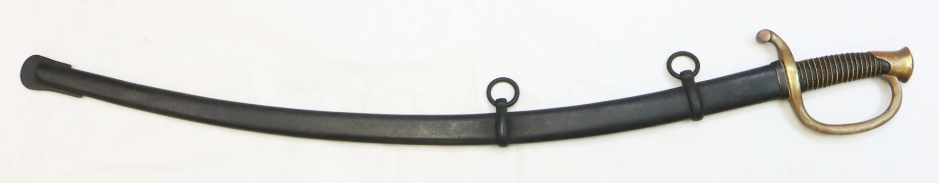 Curved sword with a brass hilt and black scabbard, featuring two mounting rings and a protective knuckle guard.