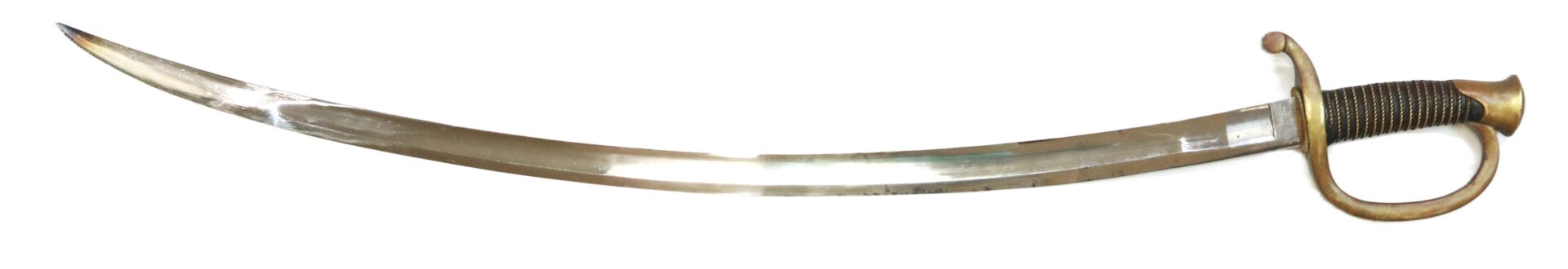 A single-edged, curved sword with a brass handguard and a wrapped handle, photographed on a white background.