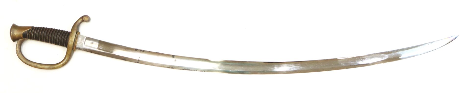 Curved sword with a brass hilt and guard, featuring a single-edged, polished blade and a wrapped grip, displayed against a white background.