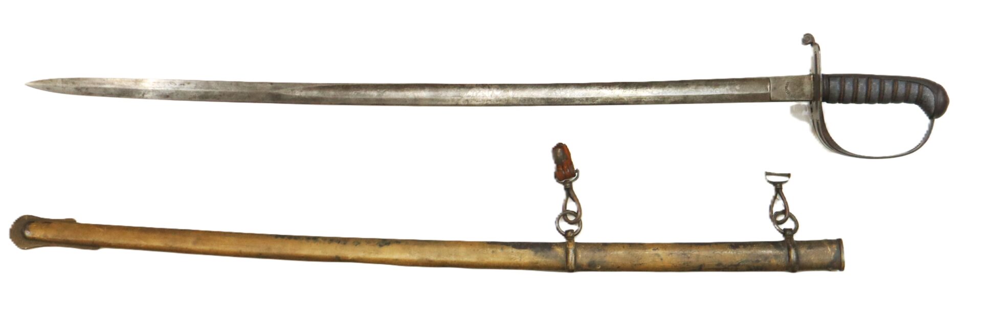 A vintage metal sword with a black hilt and handguard displayed above its worn brass scabbard with two suspension rings.