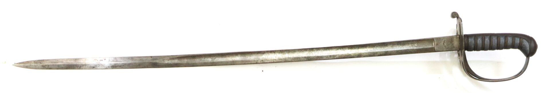 A long, slightly curved metal sword with a black grooved handle and a handguard, shown on a white background.