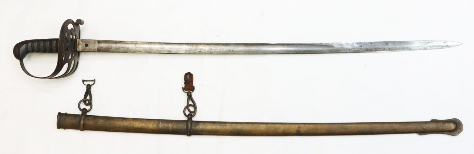 A metal sword with a protective hilt and a long, straight blade is displayed above its matching metal scabbard with two suspension rings, all laid on a white background.