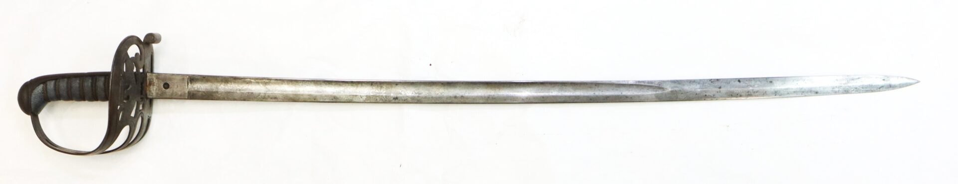 Antique steel sword with a curved blade, protective hand guard, and ribbed handle, displayed on a white background.