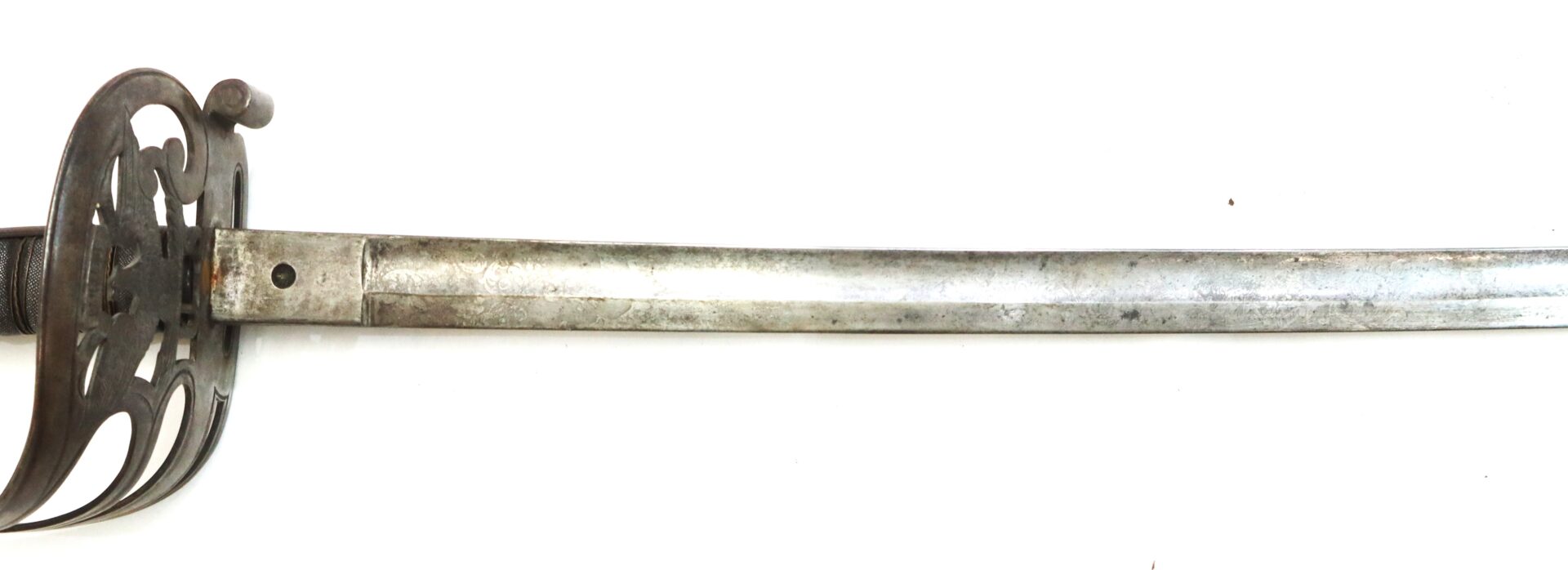 A metal sword with a straight blade and an ornate basket hilt, shown against a white background.