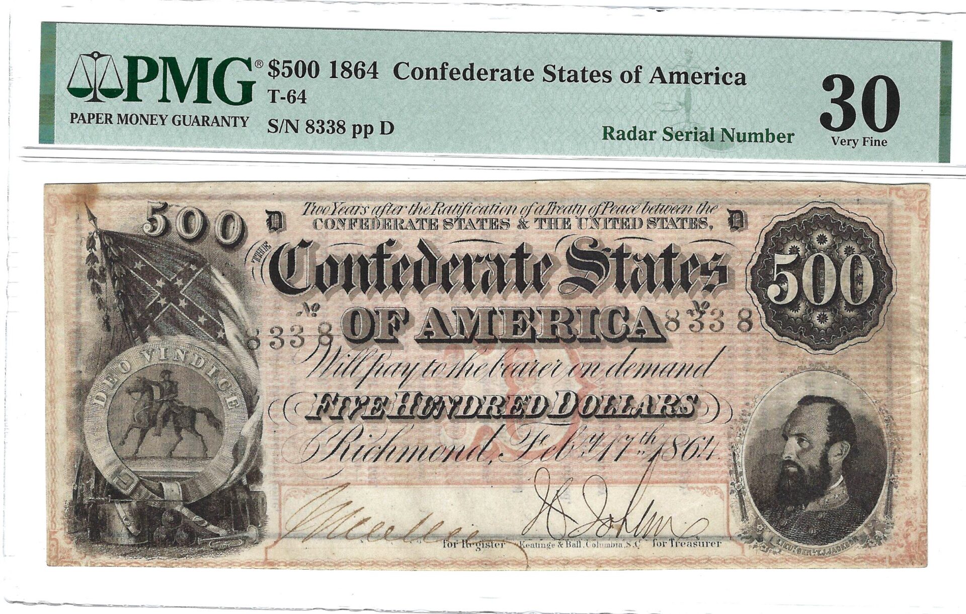 Rare PMG Graded Confederate $500 Note With “In Memoriam” Poem Reverse