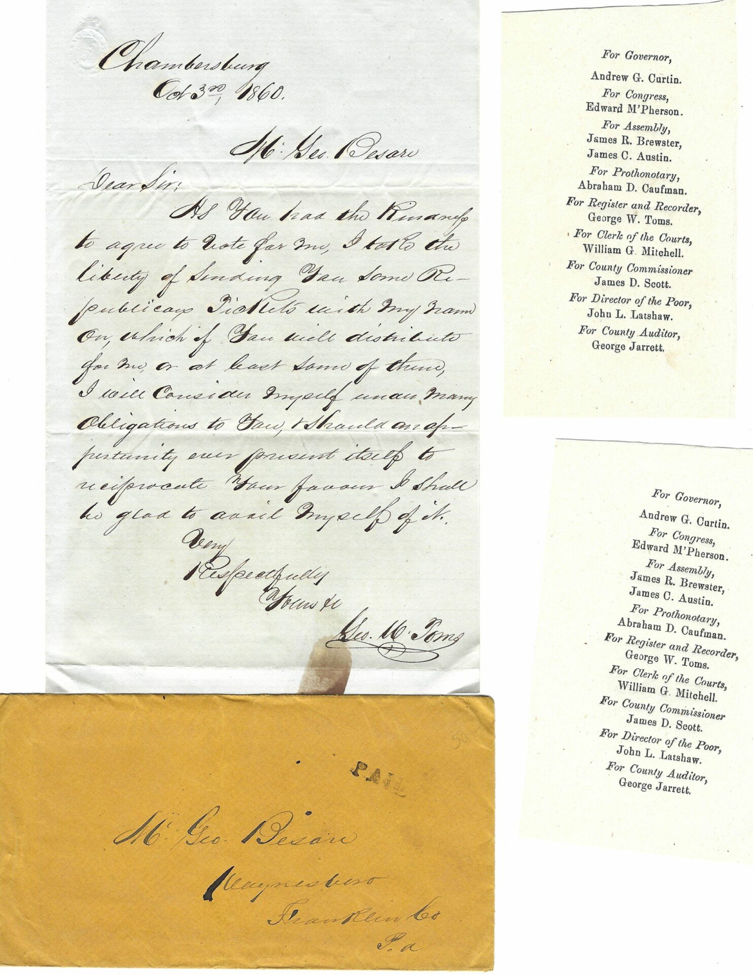 A handwritten letter dated 1860, an addressed yellow envelope, and two printed candidate lists for governor and congress are displayed.