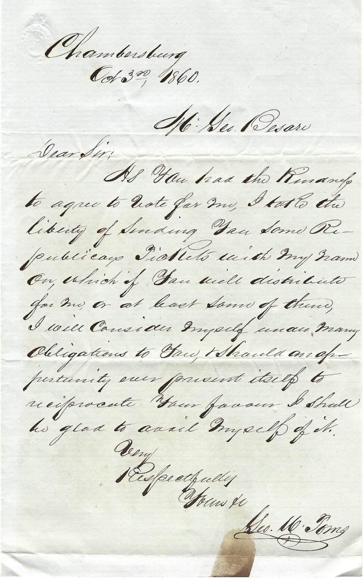 A handwritten letter dated October 3, 1860, from Chambersburg, requesting someone to vote and offering personal support in return; the letter is signed at the bottom.