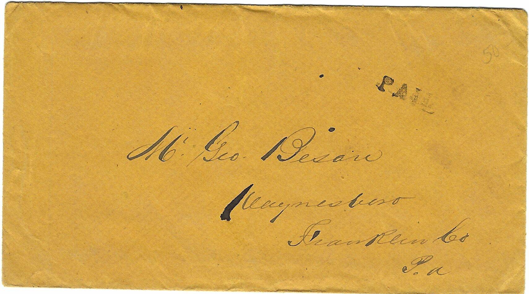 A yellowed envelope addressed to Mr. Geo Bear, Waynesboro, Franklin Co., PA, with "PAID" stamped in the upper right corner.