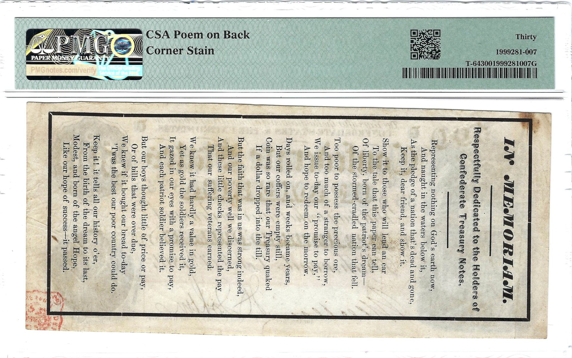 Graded CSA Poem on Back, Corner Stain note.