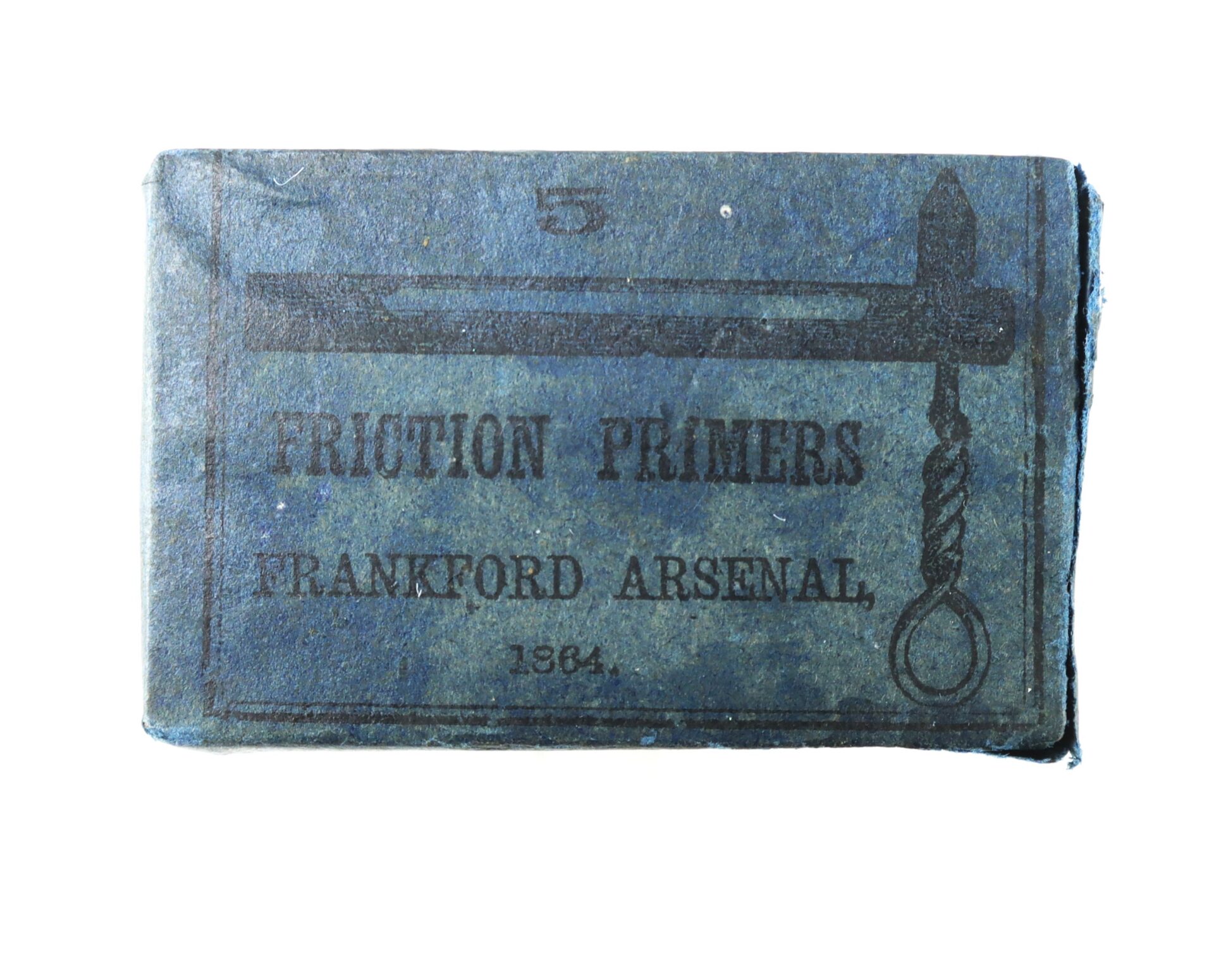 A blue box labeled "Friction Primers, Frankford Arsenal, 1864" with a printed illustration of a tool and rope on the front.