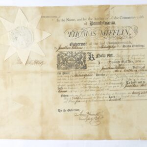A historical document from Pennsylvania, signed by Governor Thomas Mifflin, featuring handwritten text, signatures, and an embossed white seal with a starburst design.