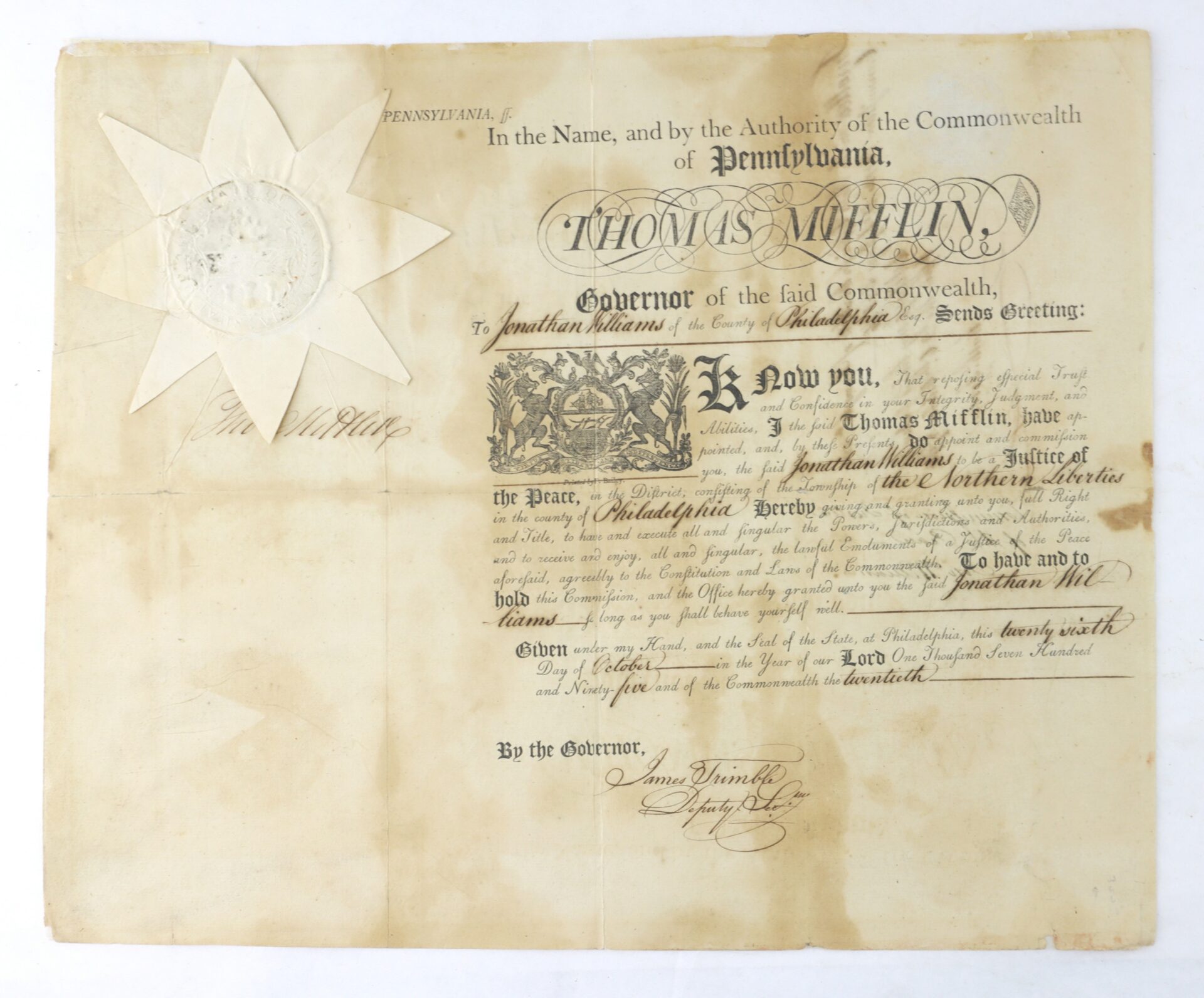 A historical document from Pennsylvania, signed by Governor Thomas Mifflin, featuring handwritten text, signatures, and an embossed white seal with a starburst design.