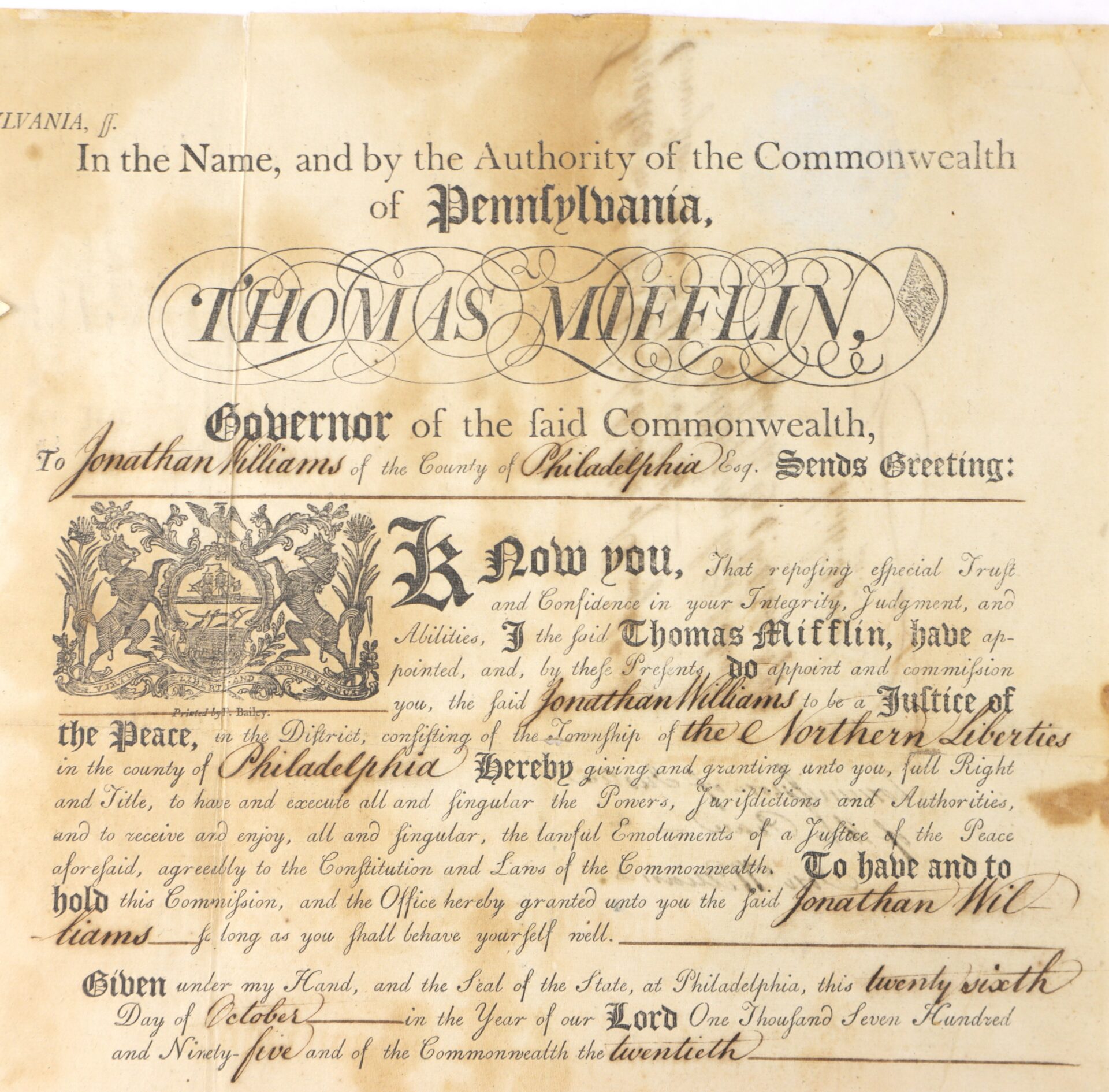 An official 1795 Pennsylvania document appointing Jonathan Williams as Justice of the Peace, signed by Governor Thomas Mifflin, with ornate calligraphy and a state seal.