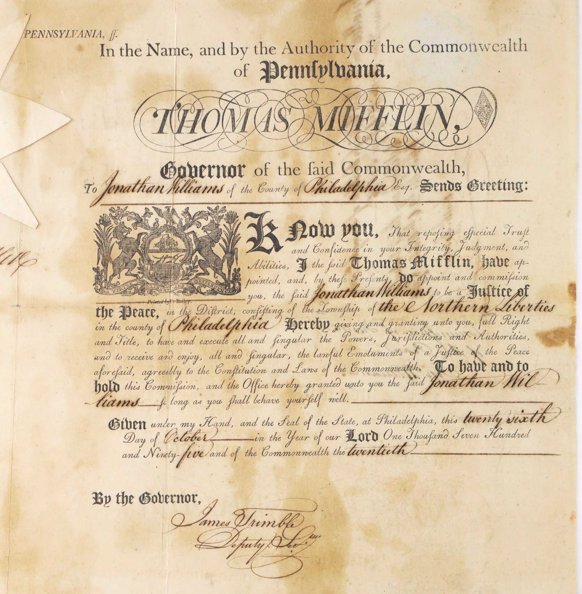 An official document from Pennsylvania signed by Governor Thomas Mifflin appointing Jonathan Will as Justice of the Peace, featuring ornate script and an official seal.