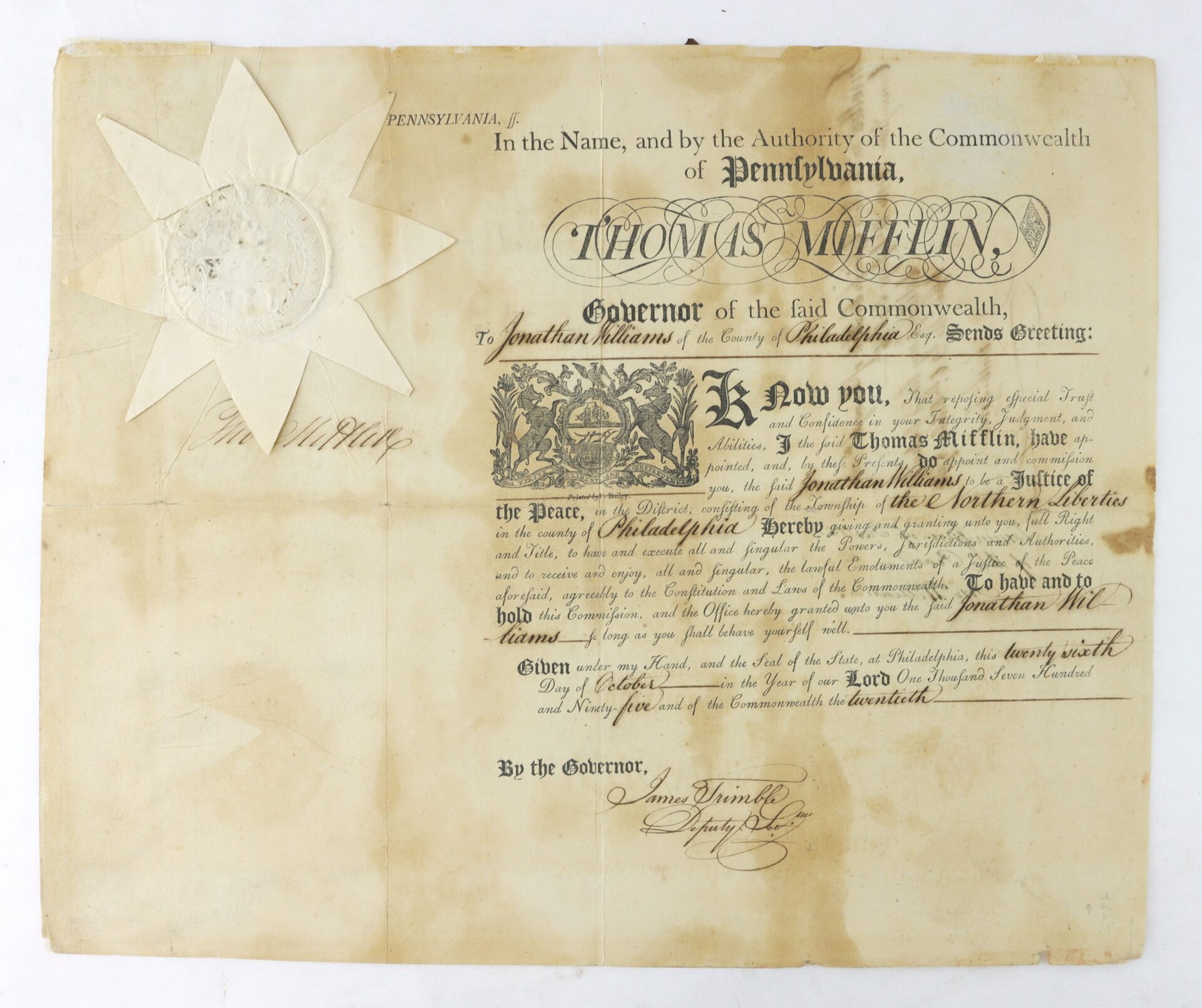 A vintage official document from Pennsylvania, signed by Governor Thomas Mifflin, featuring ornate lettering, a large embossed seal, and handwritten signatures.