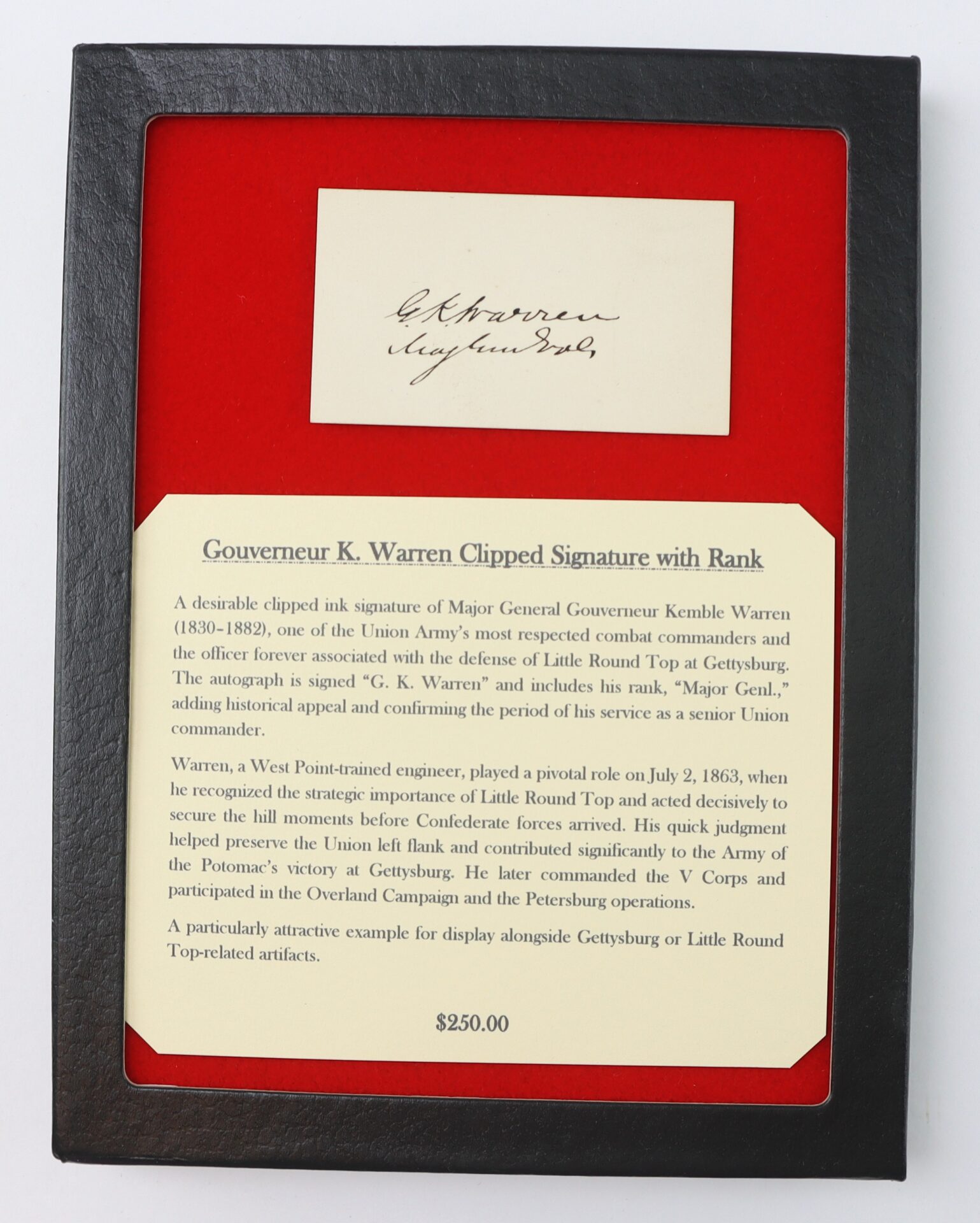 A framed display featuring Gouverneur K. Warren’s clipped signature with rank, an informational plaque, and a red background. Price listed as $250.00.
