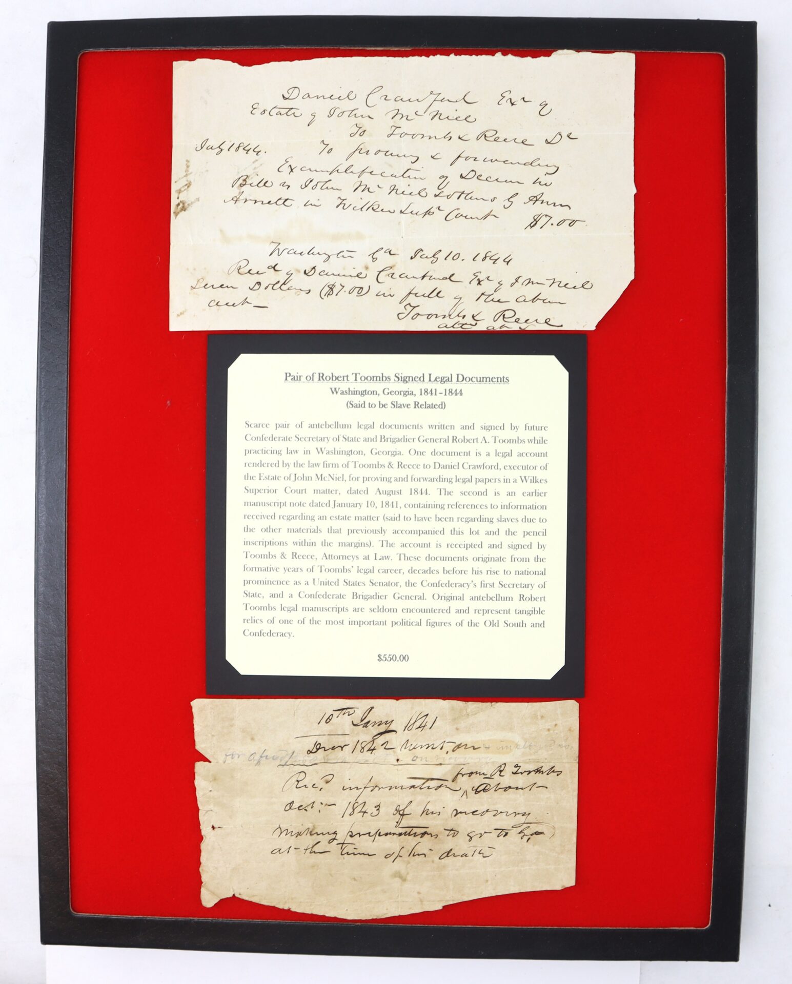 Framed display featuring two handwritten legal documents and a typed description on a red background, with visible signatures and dates from the 1800s.