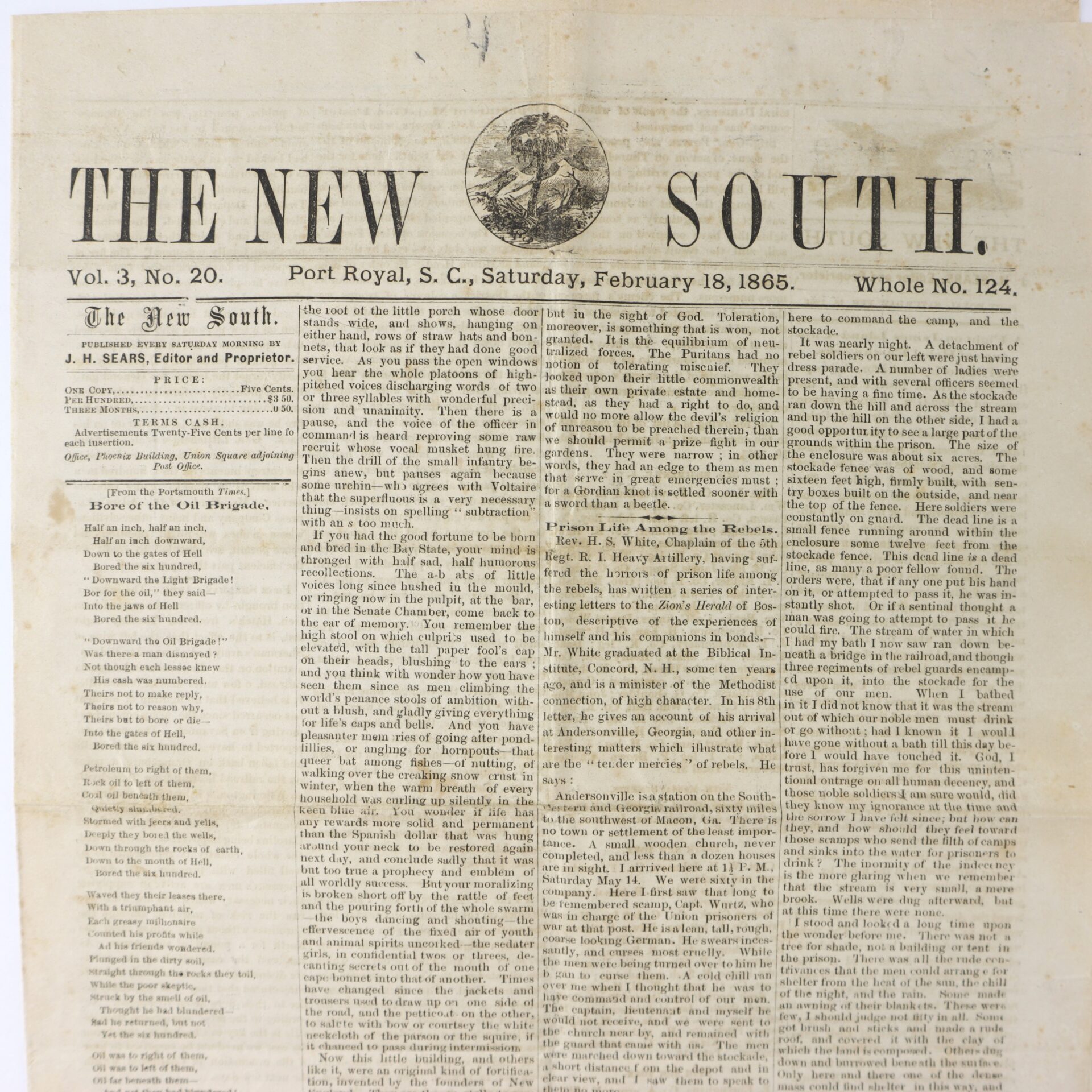 Front page of "The New South" newspaper, Vol. 3, No. 20, dated February 18, 1865, from Port Royal, South Carolina, featuring densely packed text in multiple columns.