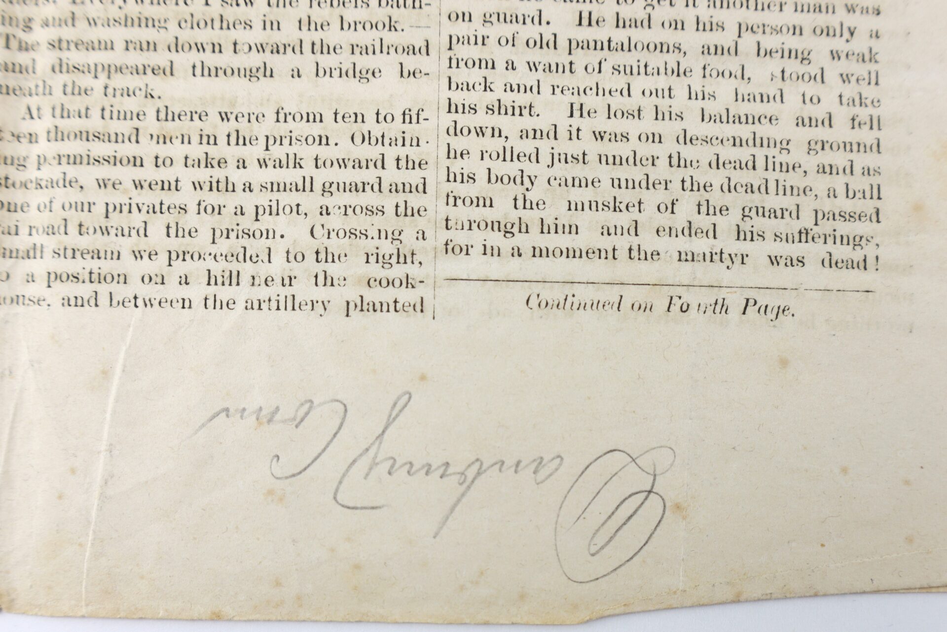 A close-up of an old newspaper clipping with a handwritten signature at the bottom, showing a partially visible article and the text "Continued on Fourth Page.