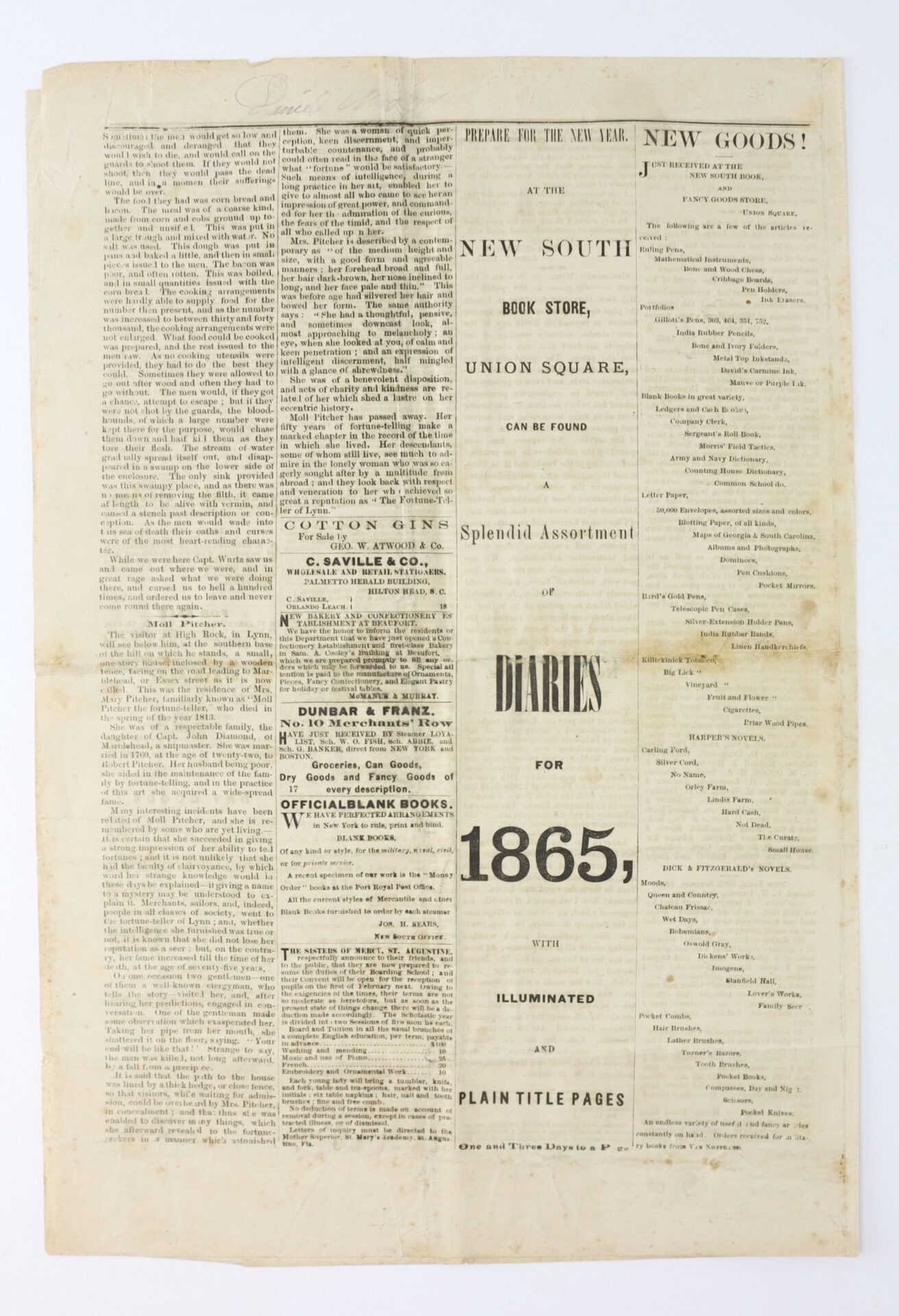 A vintage black-and-white printed advertisement for the New South Book Store, promoting diaries for 1865 and various goods, with dense columns of text and product listings.