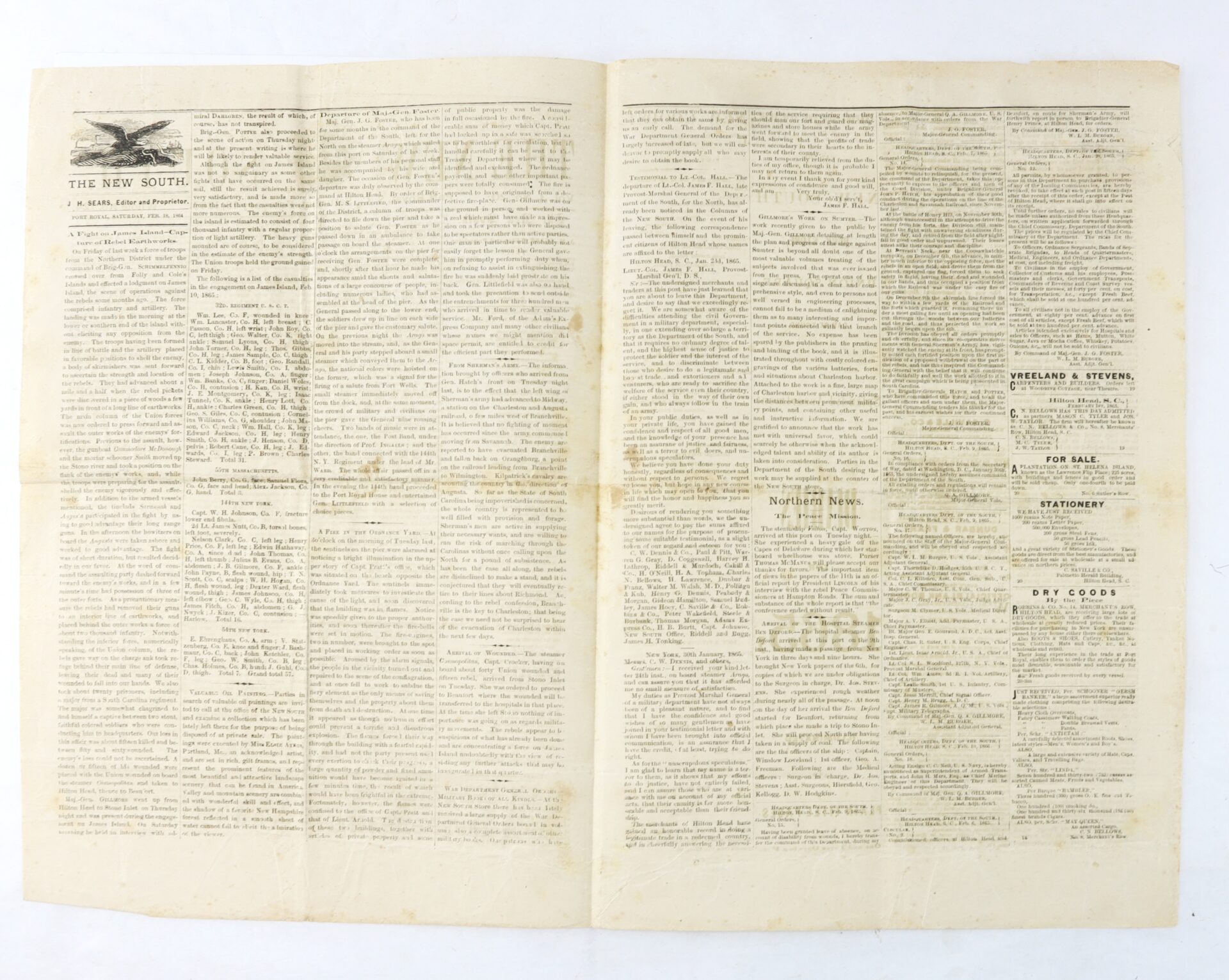 A vintage, yellowed newspaper titled "The New South" is open, showing densely packed columns of text and small advertisements on the right page.