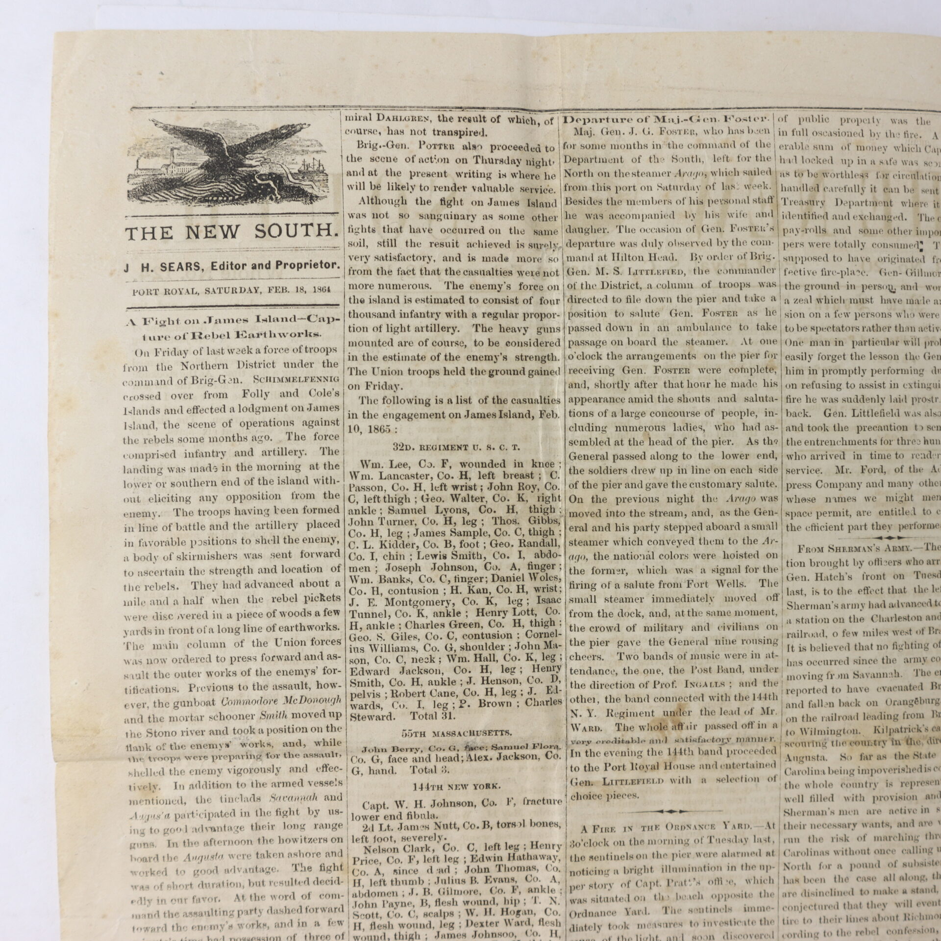 Front page of "The New South" newspaper dated February 11, 1865, featuring columns of printed text and an eagle illustration in the masthead.