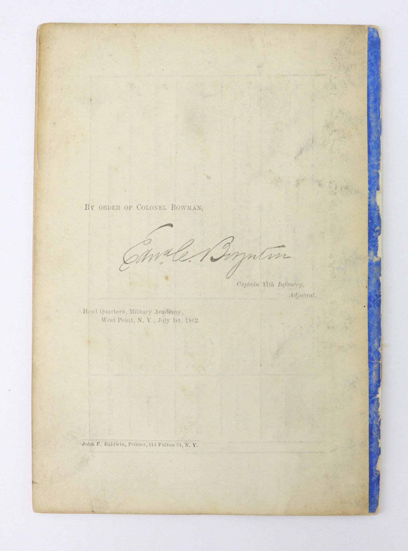 A worn document signed by a captain, dated July 1, 1862, from West Point, New York, with text indicating military headquarters and a blue binding on the right edge.