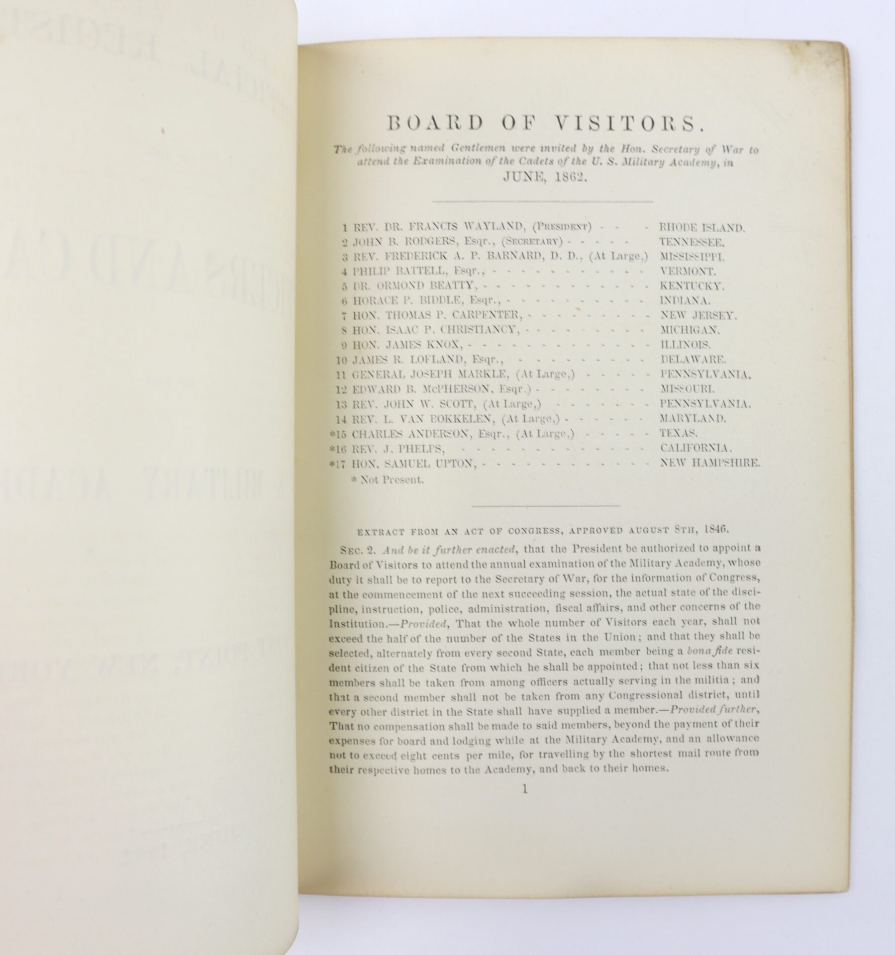 Open book showing a titled page listing the Board of Visitors for the U.S. Military Academy in June 1863, along with an extract from an Act of Congress.