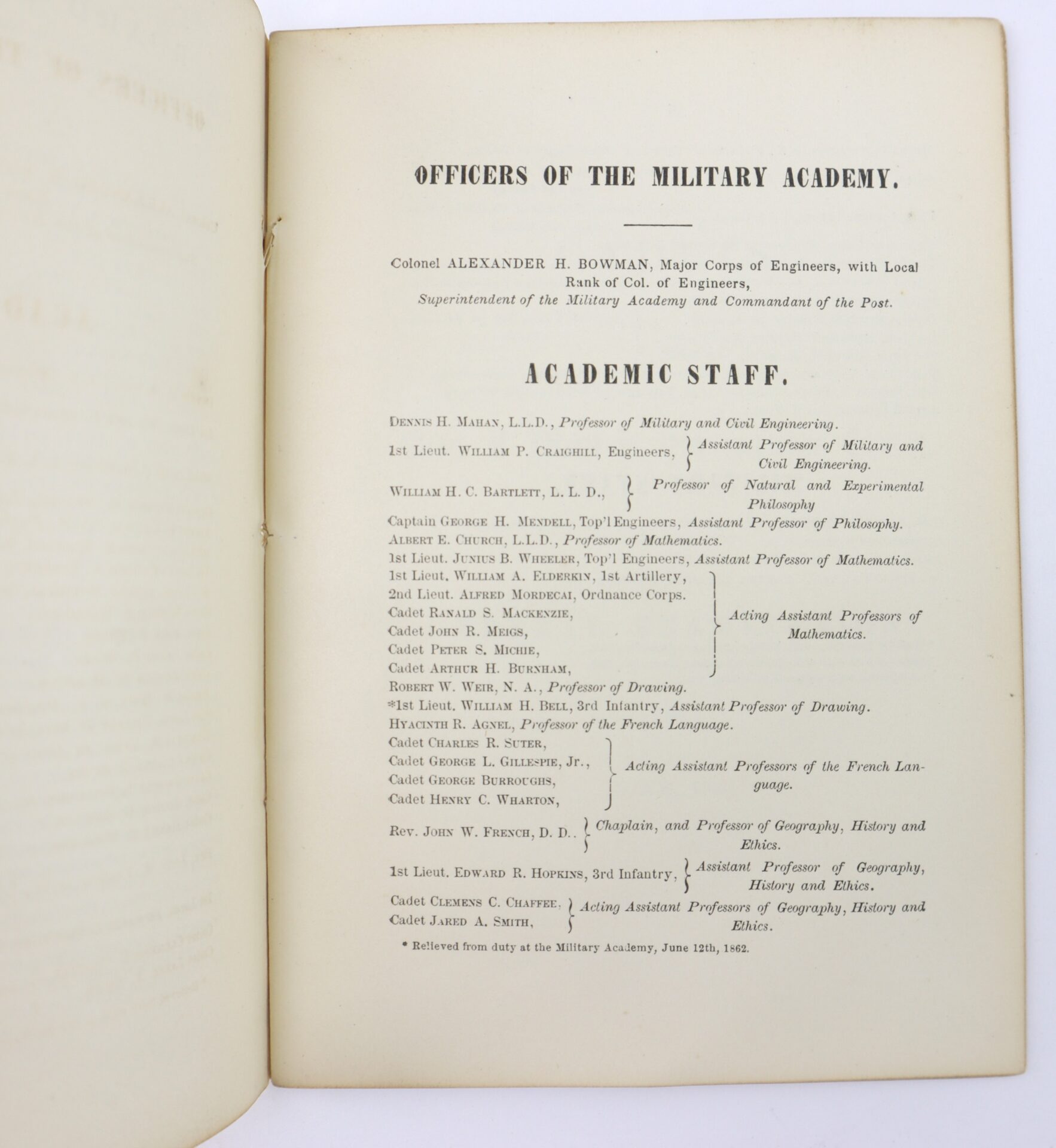 A printed page titled "Officers of the Military Academy" listing names, ranks, and academic roles of staff members at the academy, dated June 28th, 1862.