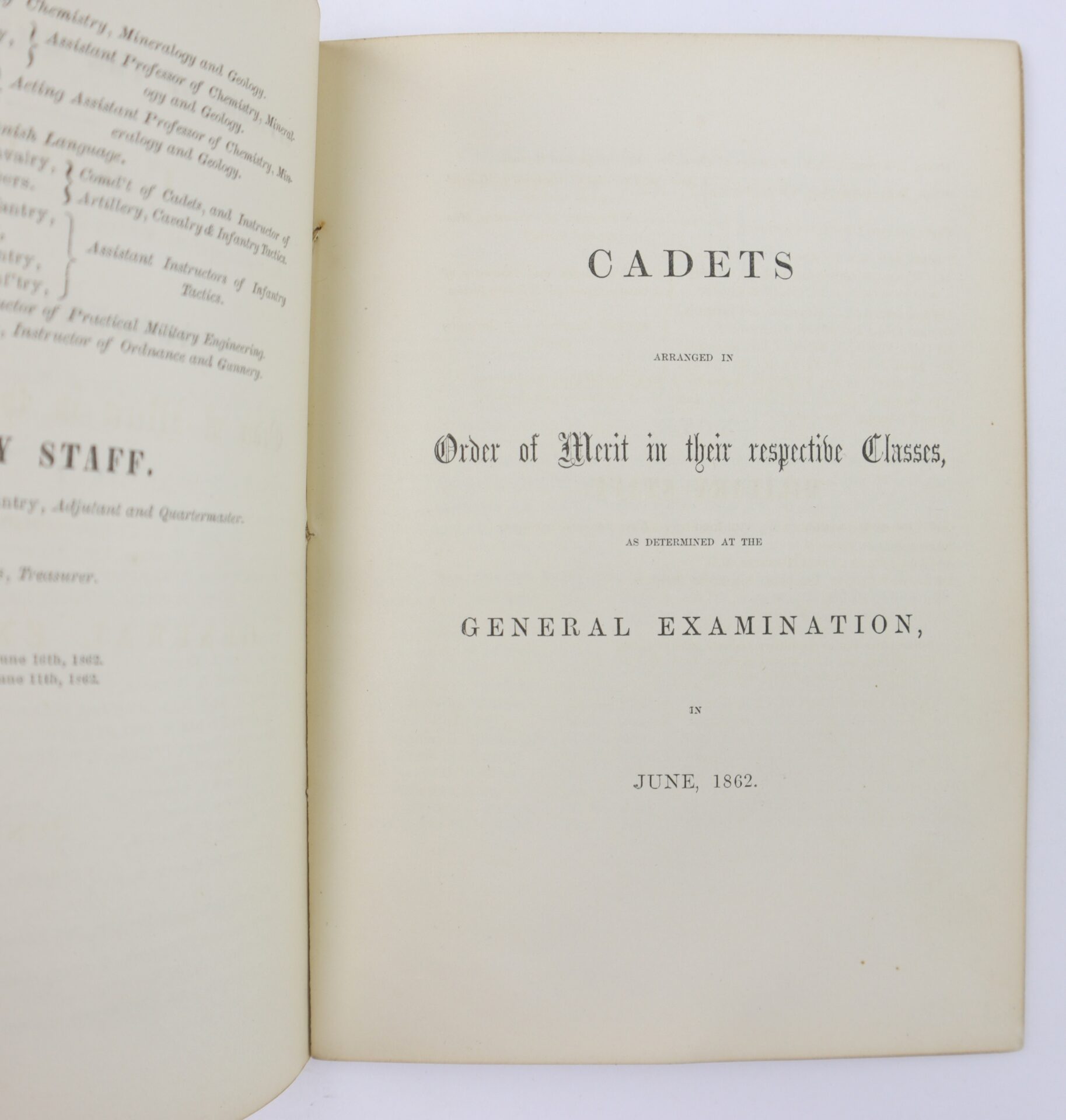 Open book displaying a title page that reads: "CADETS arranged in Order of Merit in their respective Classes, as determined at the GENERAL EXAMINATION, in JUNE, 1862.