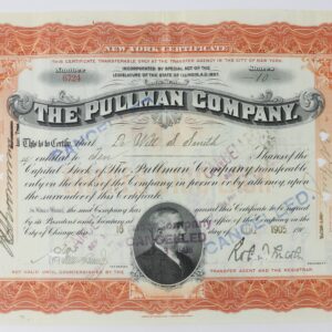 An ornate orange and white stock certificate from The Pullman Company issued to De Witt C. Smith on August 16, 1905, with cancellation stamps and signatures.
