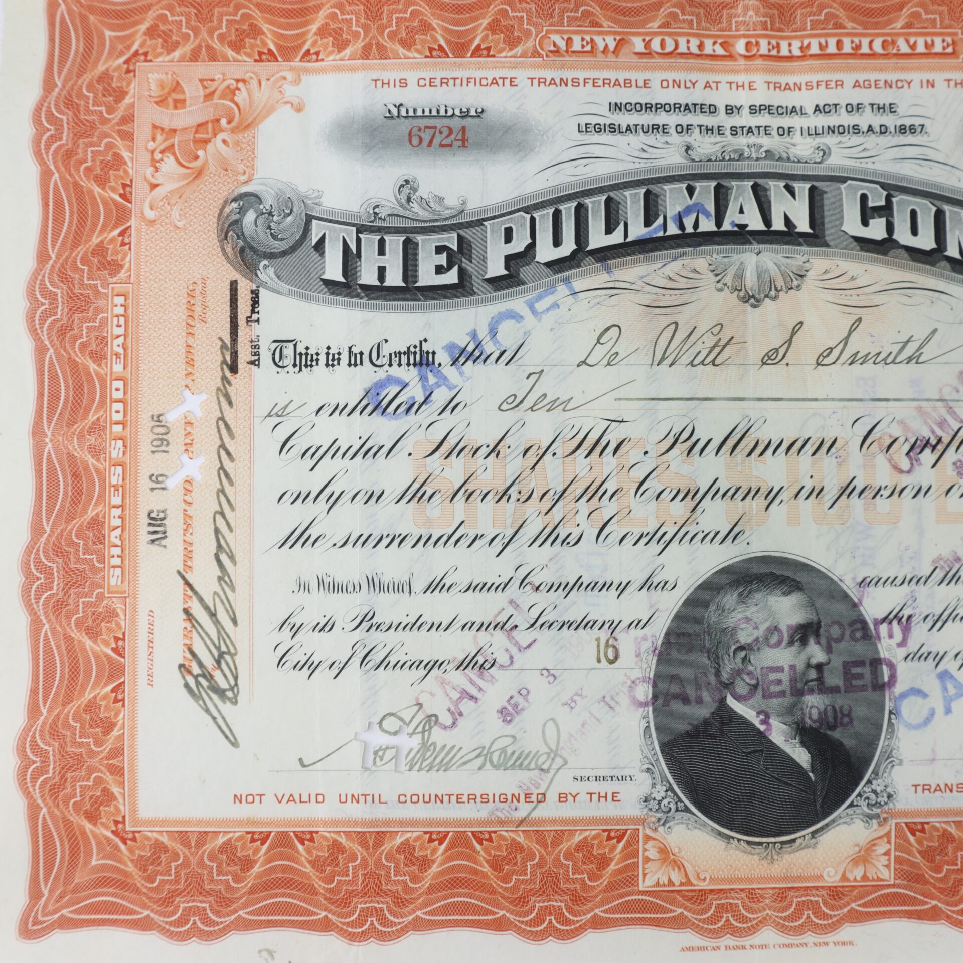 An old stock certificate for The Pullman Company dated August 13, 1906, featuring ornate borders, text details, and a portrait of George Pullman with "Cancelled" stamped over it.