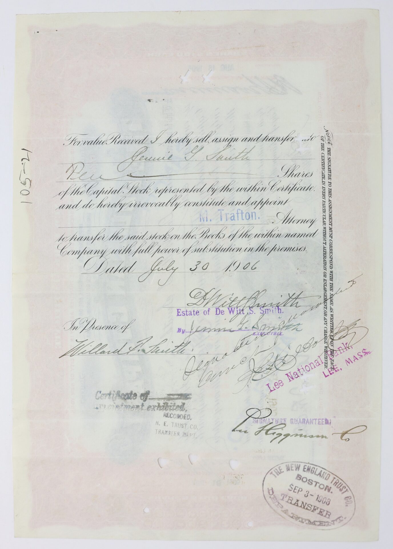A partially handwritten, official stock certificate transfer document with signatures, stamps, and typed text, including visible notary and bank stamps.