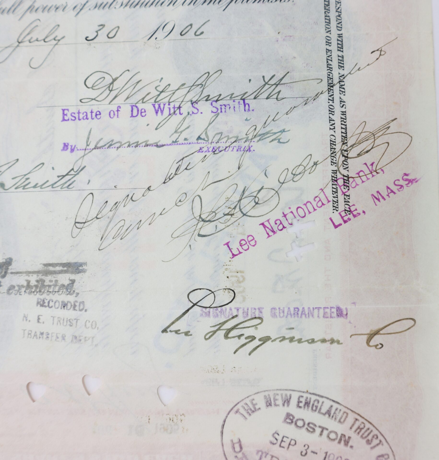 Close-up of a legal document with multiple signatures, stamps, and handwritten notes, including “Estate of De Witt S. Smith” and references to Lee, Mass., and Boston.