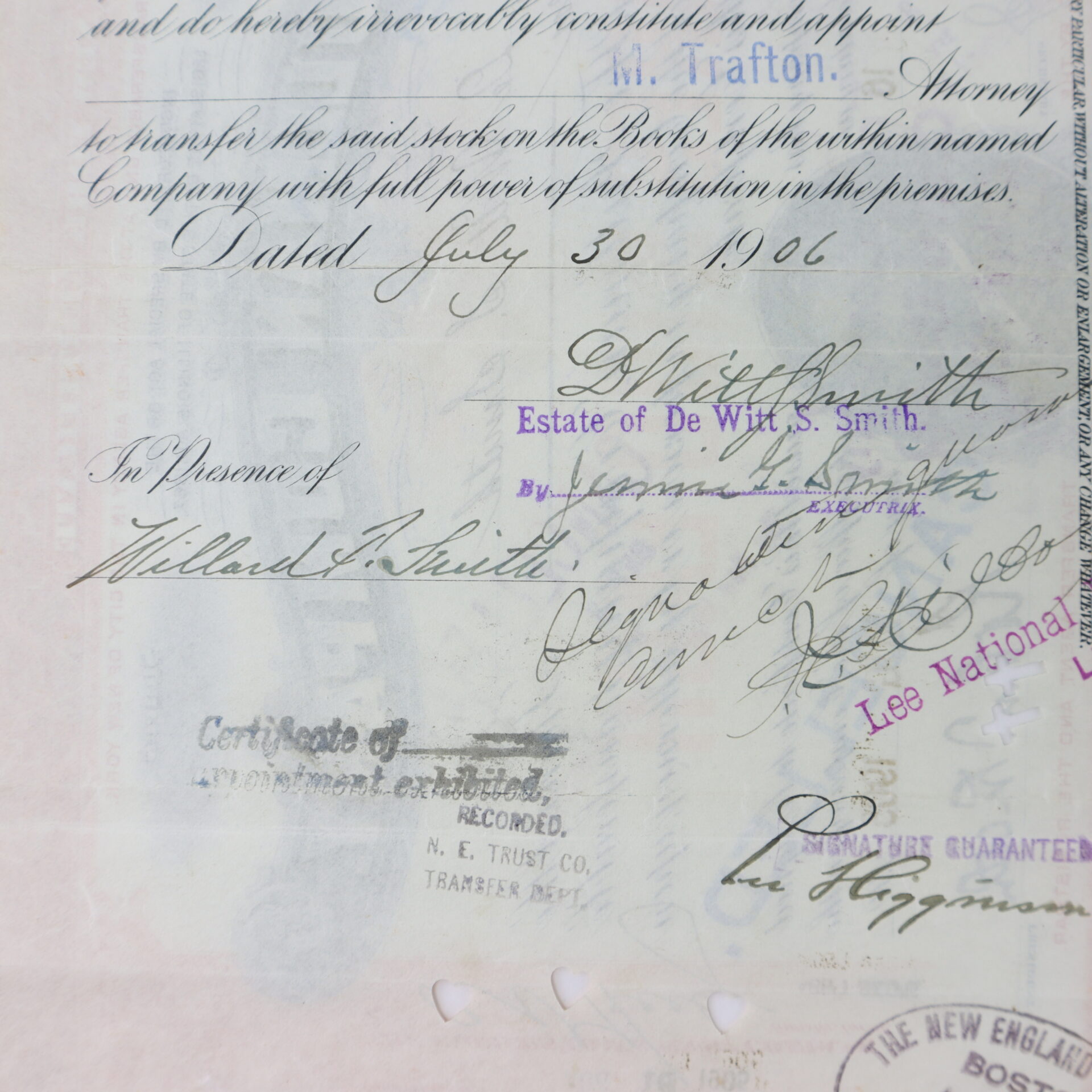 A close-up of a legal document dated July 30, 1906, with multiple handwritten signatures, official stamps, and notary marks visible.