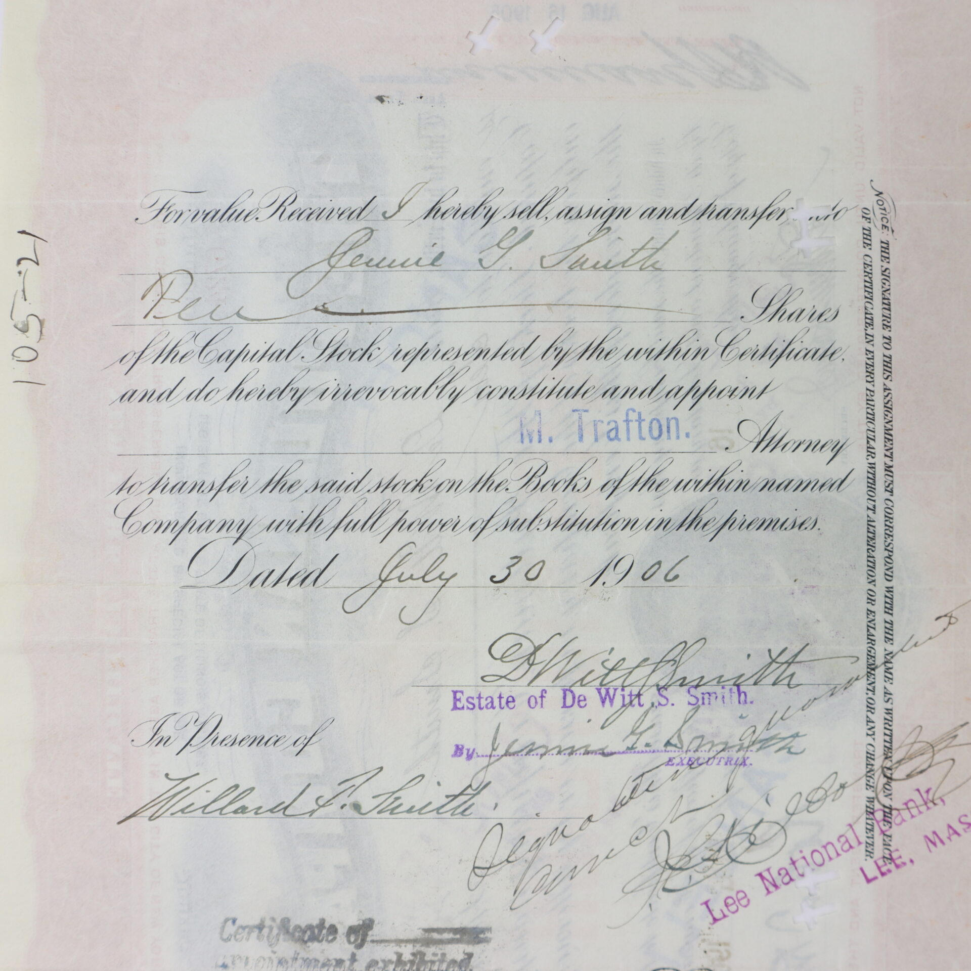 A legal document dated July 30, 1906, transferring shares of stock, with handwritten signatures, names, and annotations.
