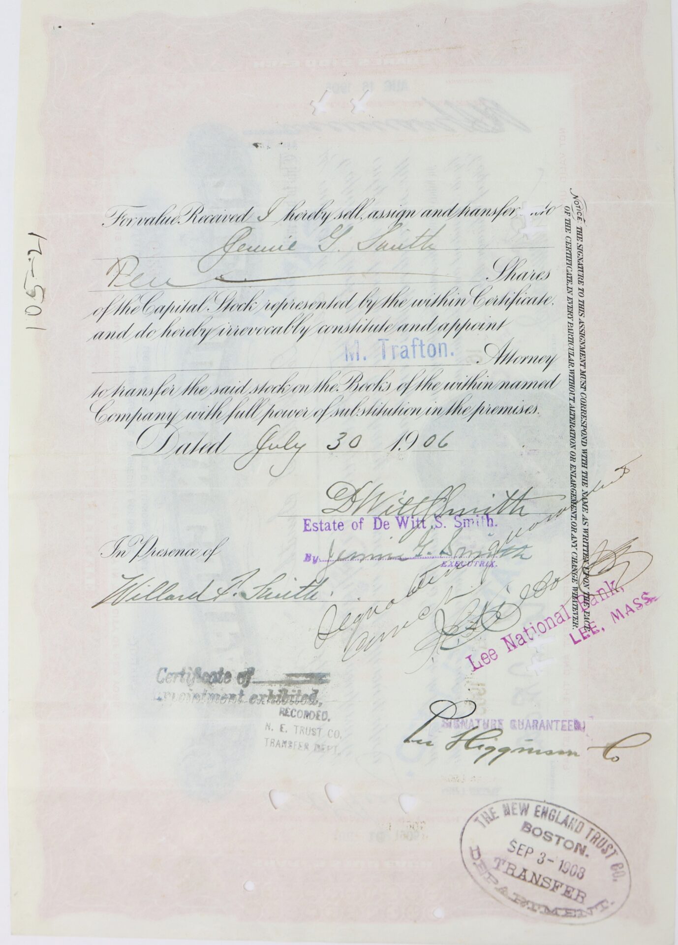 A signed and stamped stock transfer document dated July 30, 1906, with handwritten names and official seals visible.