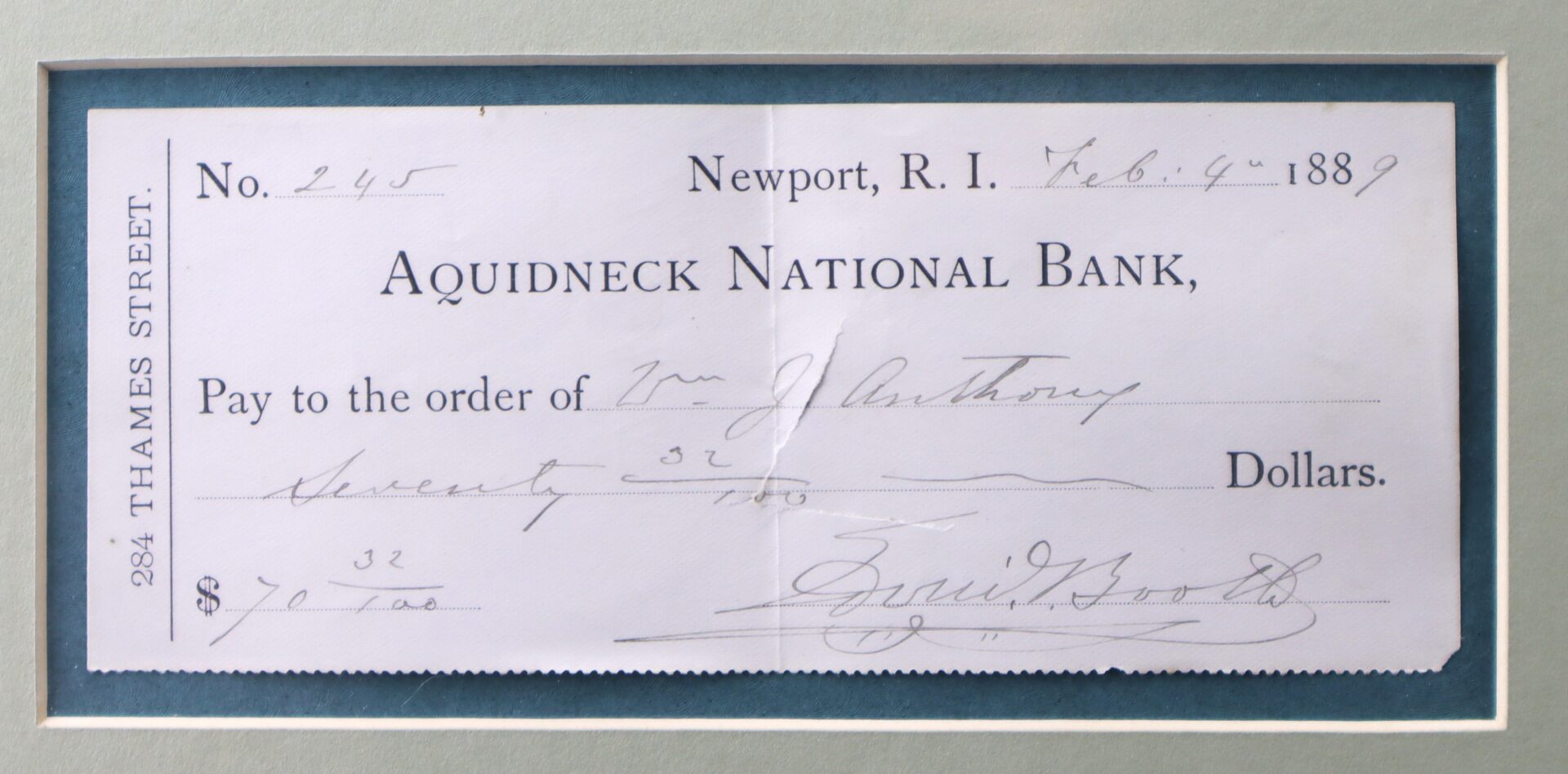 A check dated February 4, 1889 from Aquidneck National Bank in Newport, R.I., made out to Wm. J. Anthony for seventy-two dollars and signed by B. Booth.