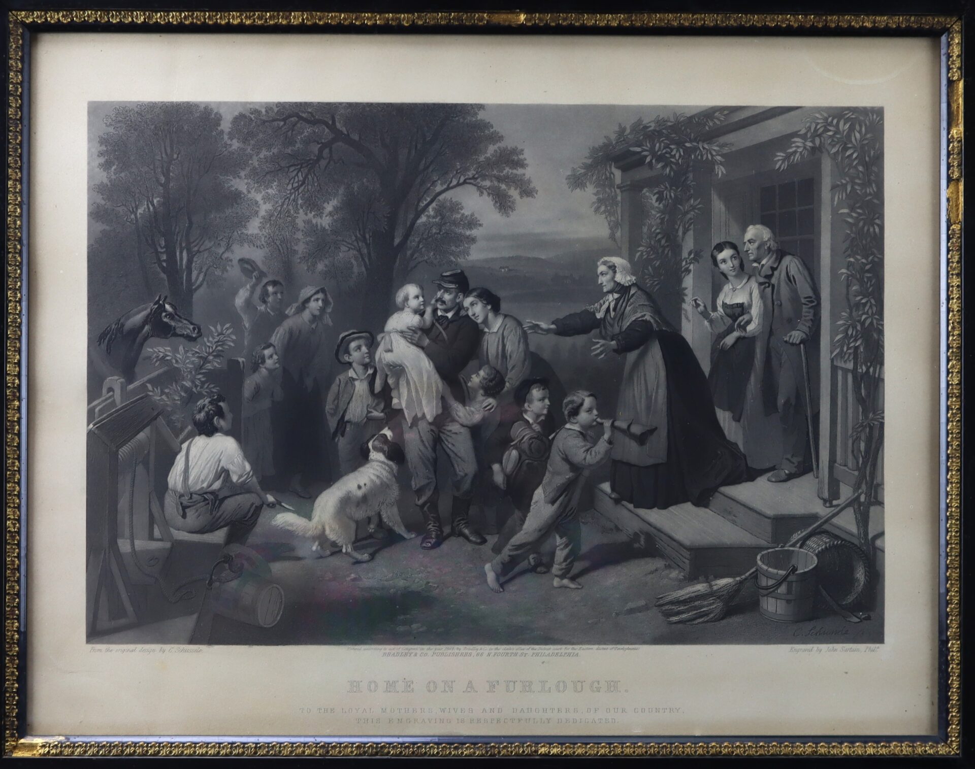 A group of people warmly greet a man in uniform returning home; children, adults, a dog, and a horse are present outside a house with various household items nearby.