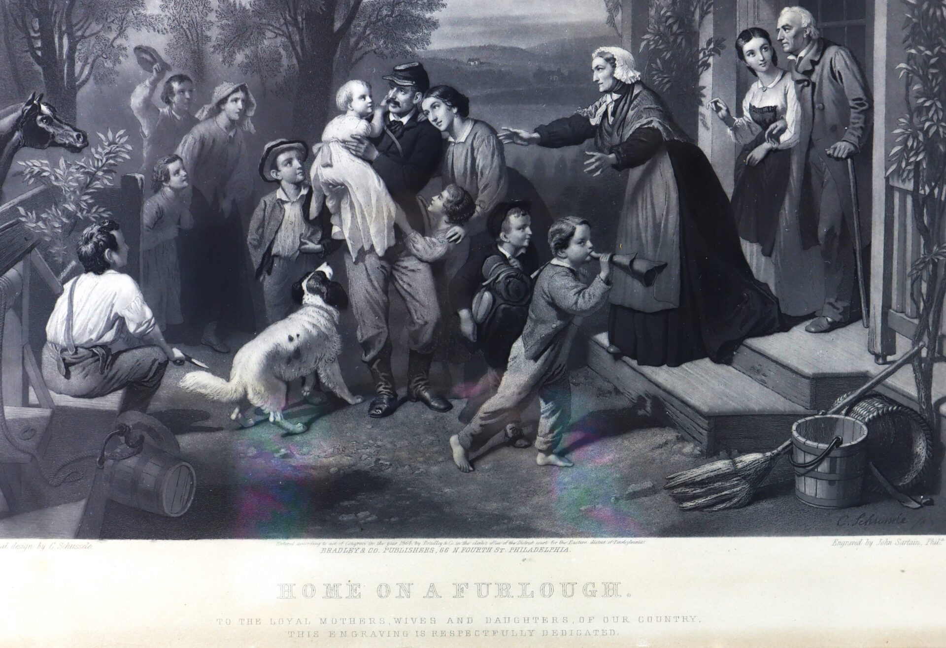 A soldier returns home to his family, greeted by children, a dog, and adults on a porch; surrounding items suggest a rural 19th-century setting.