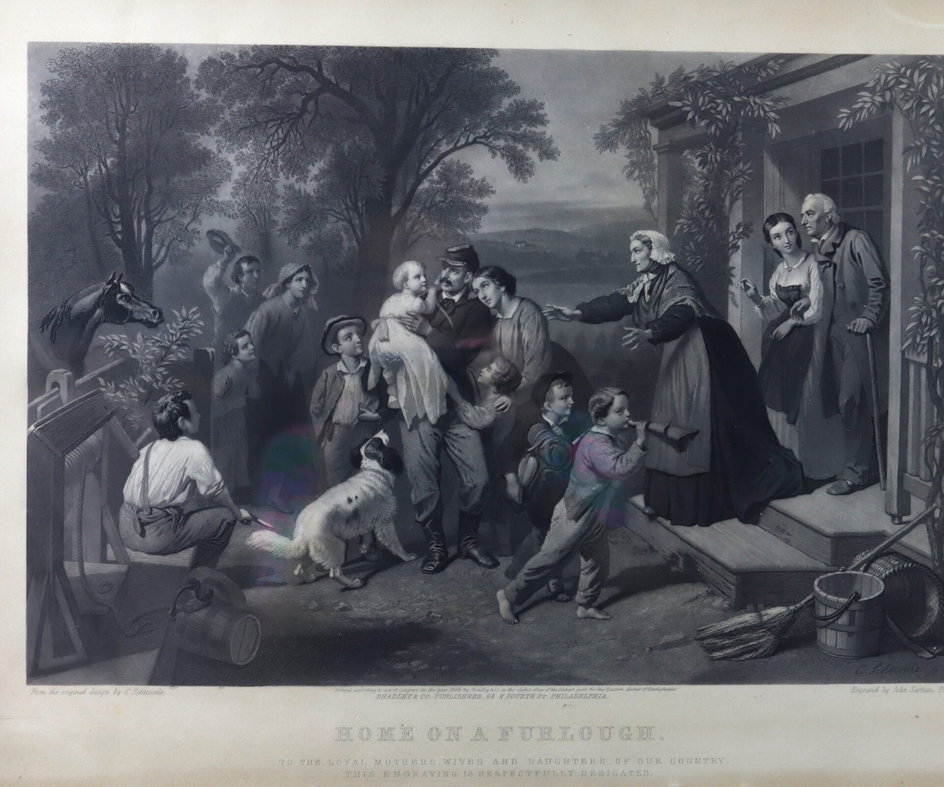 A soldier in uniform is warmly greeted by his family and children on a porch, with a dog and farm equipment visible, in a rural 19th-century setting.