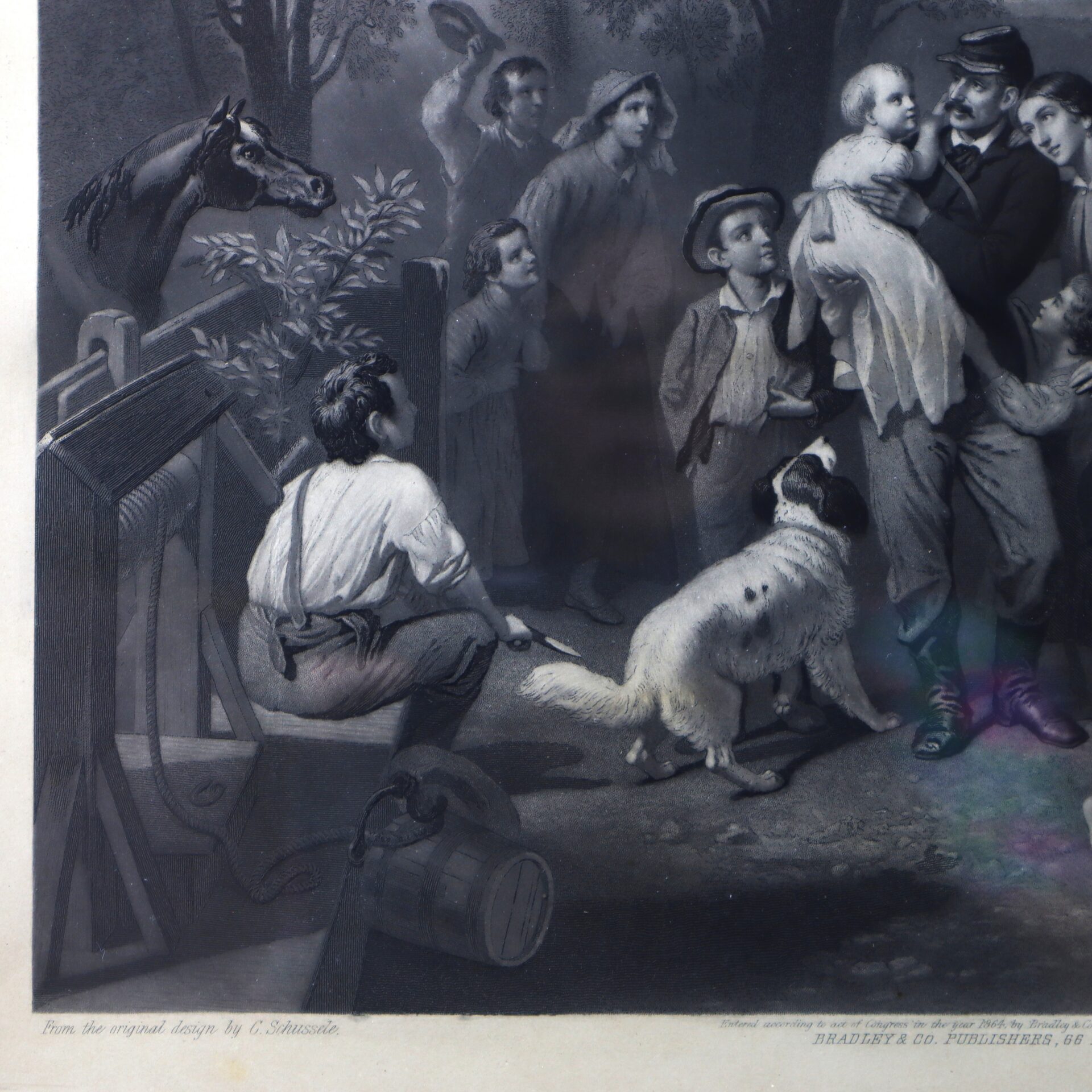 A group of people, including children and a dog, gather around a man holding a child near a well with a horse in the background.