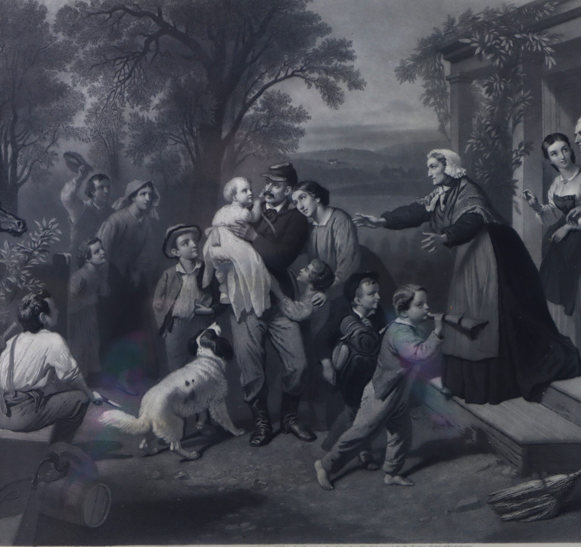 A group of people, including a soldier holding a child, gather outside a house as an older woman gestures toward them; a dog and several children are present.