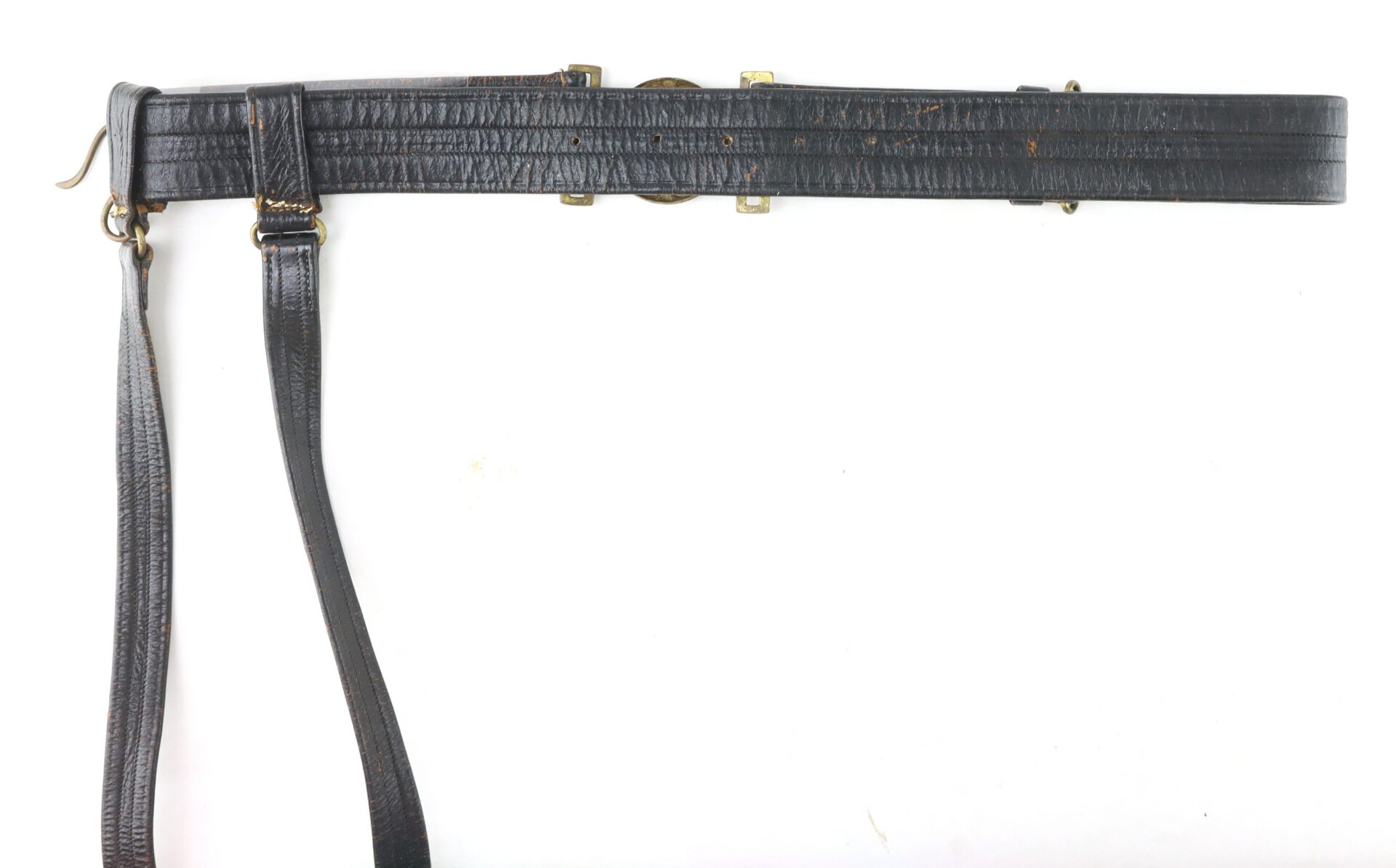 A black leather belt with two attached straps and metal buckles, displayed against a white background.