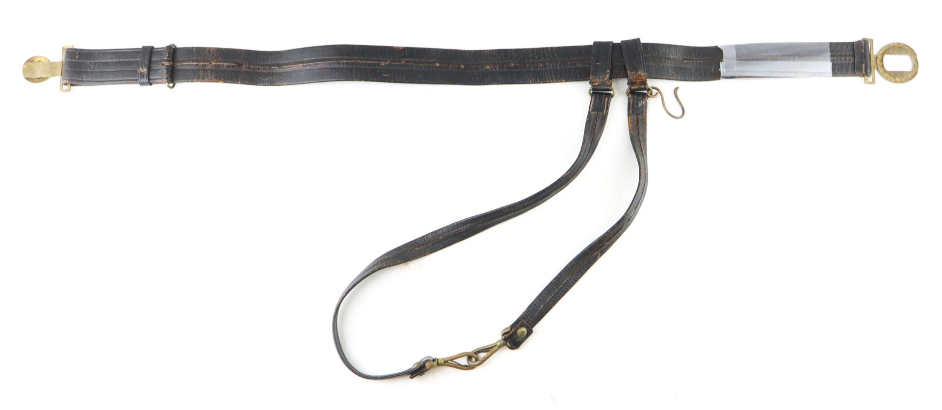 A vintage leather sword belt with brass fittings, multiple straps, and a metal hook attachment, displayed against a white background.