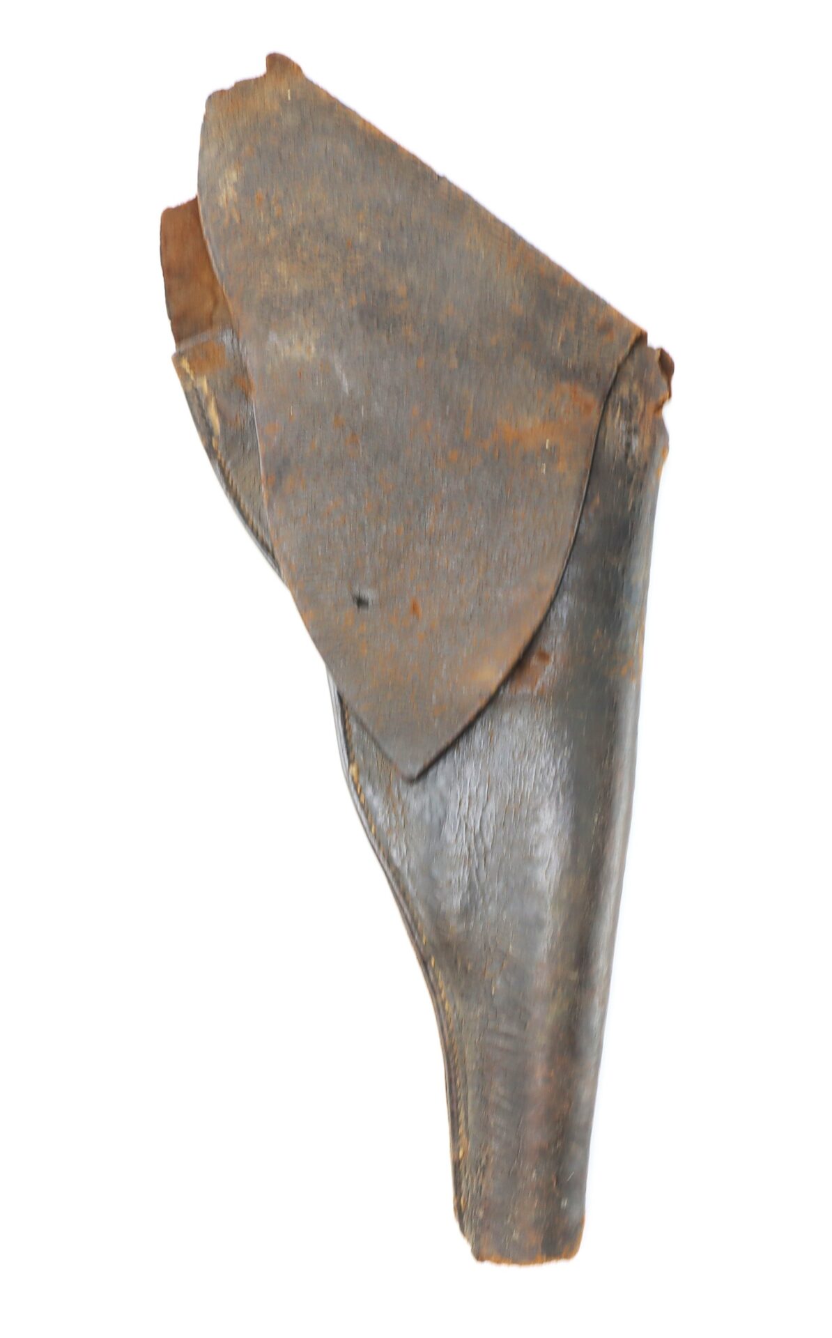 Worn leather gun holster with a folding flap cover, showing signs of age and rust.