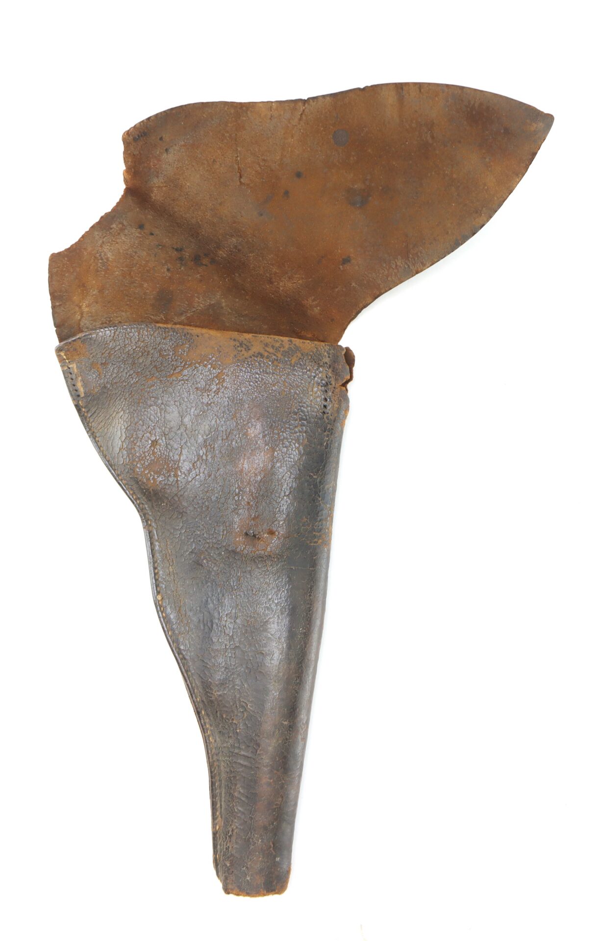 A worn, brown leather holster with visible creases and discoloration, photographed on a plain white background.
