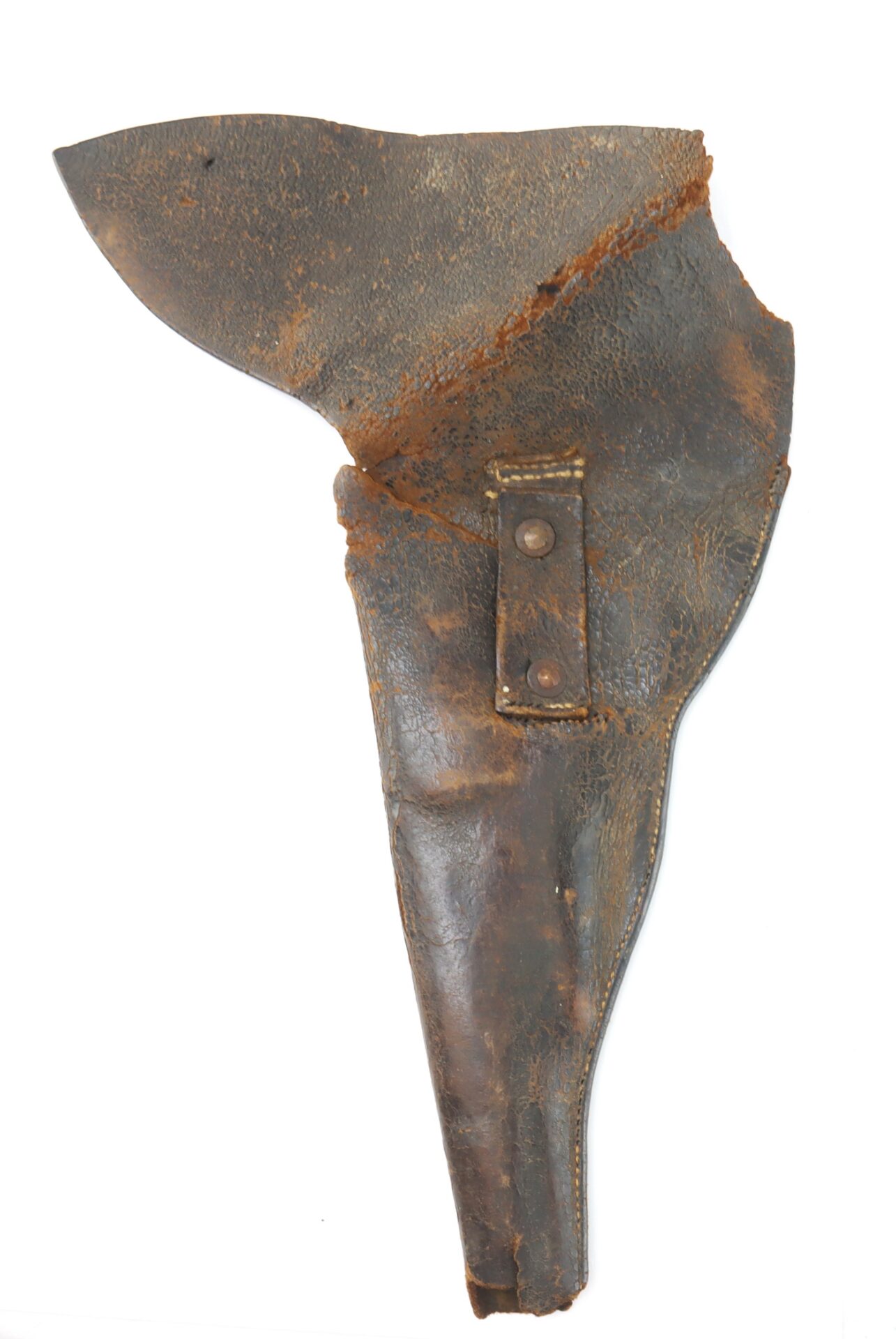 A worn, brown leather gun holster with visible fraying and damage, including a large tear along the top and side.