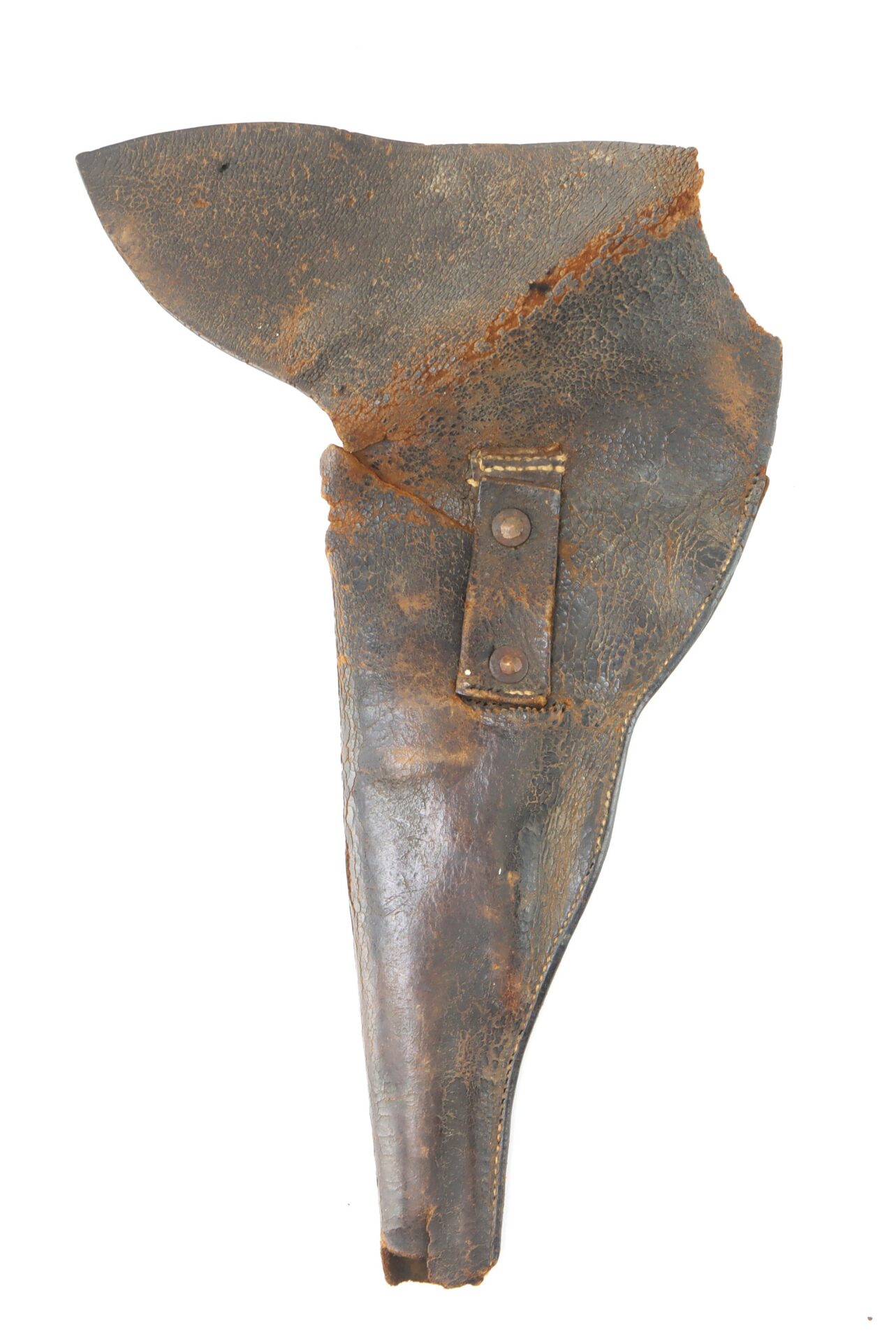 Worn, brown leather gun holster with a flap, visible stitching, and metal rivets, showing signs of age and deterioration.
