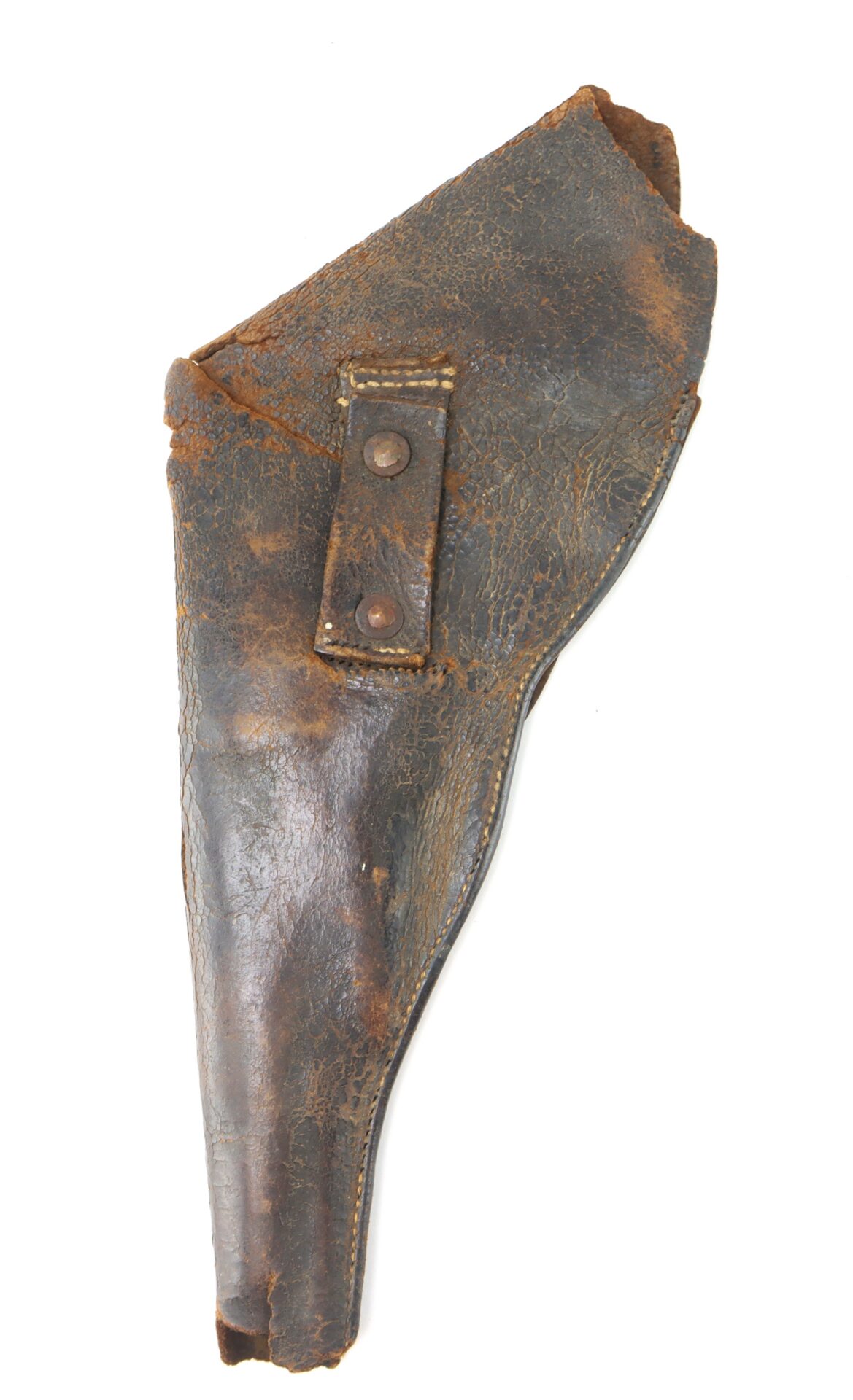 A worn, brown leather gun holster with visible creases and a strap secured by two rivets against a white background.